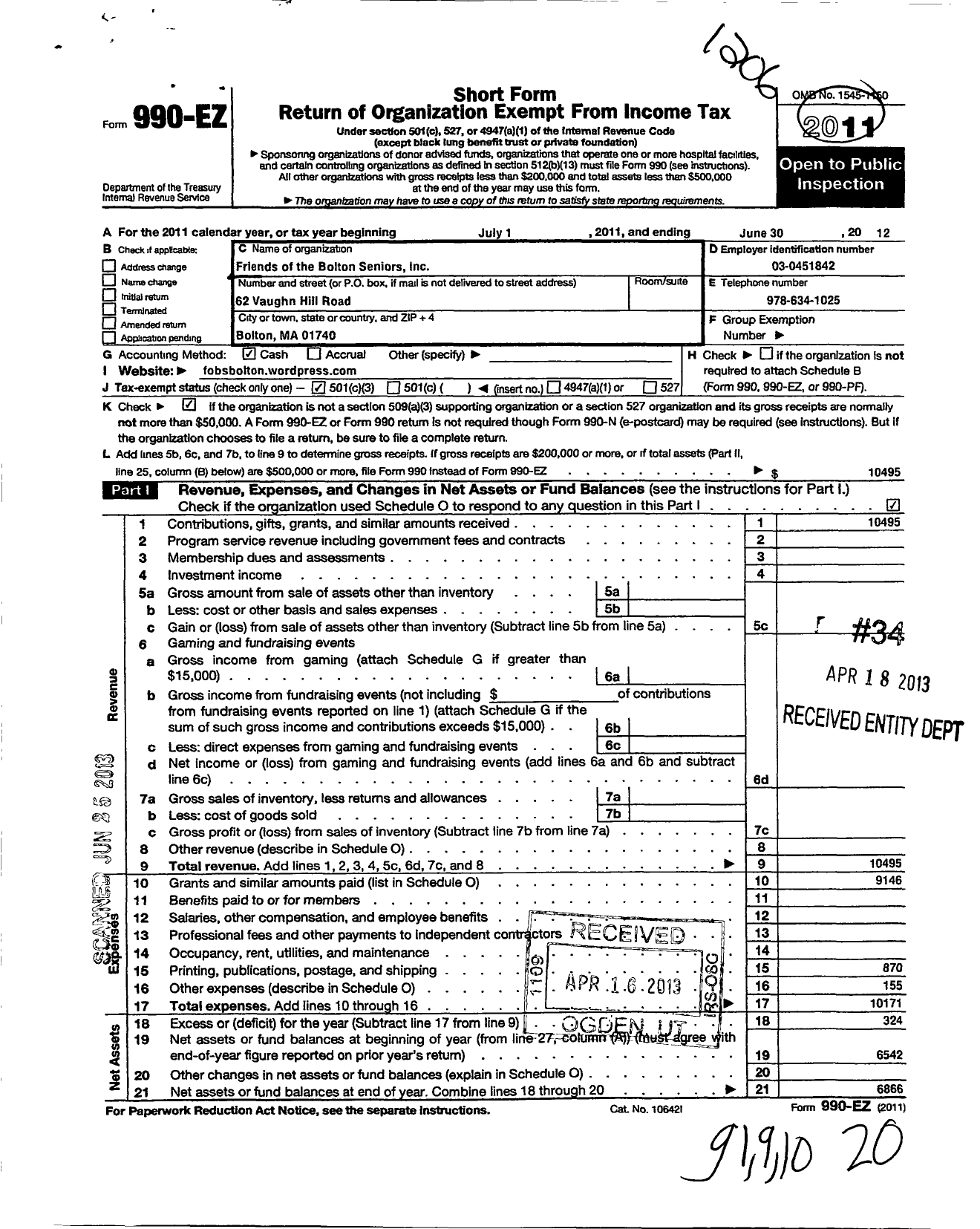 Image of first page of 2011 Form 990EZ for Friends of the Bolton Seniors