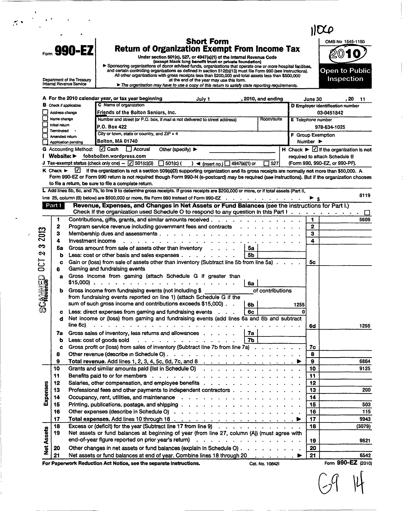 Image of first page of 2010 Form 990EZ for Friends of the Bolton Seniors