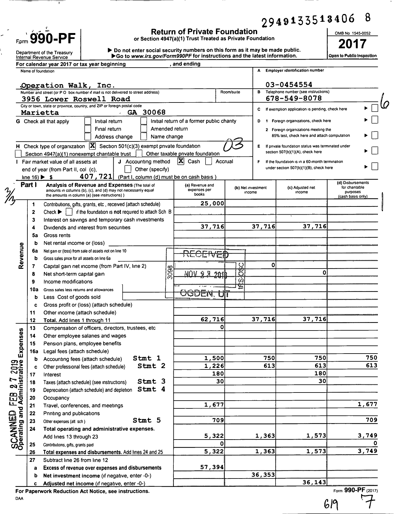 Image of first page of 2017 Form 990PF for Operation Walk