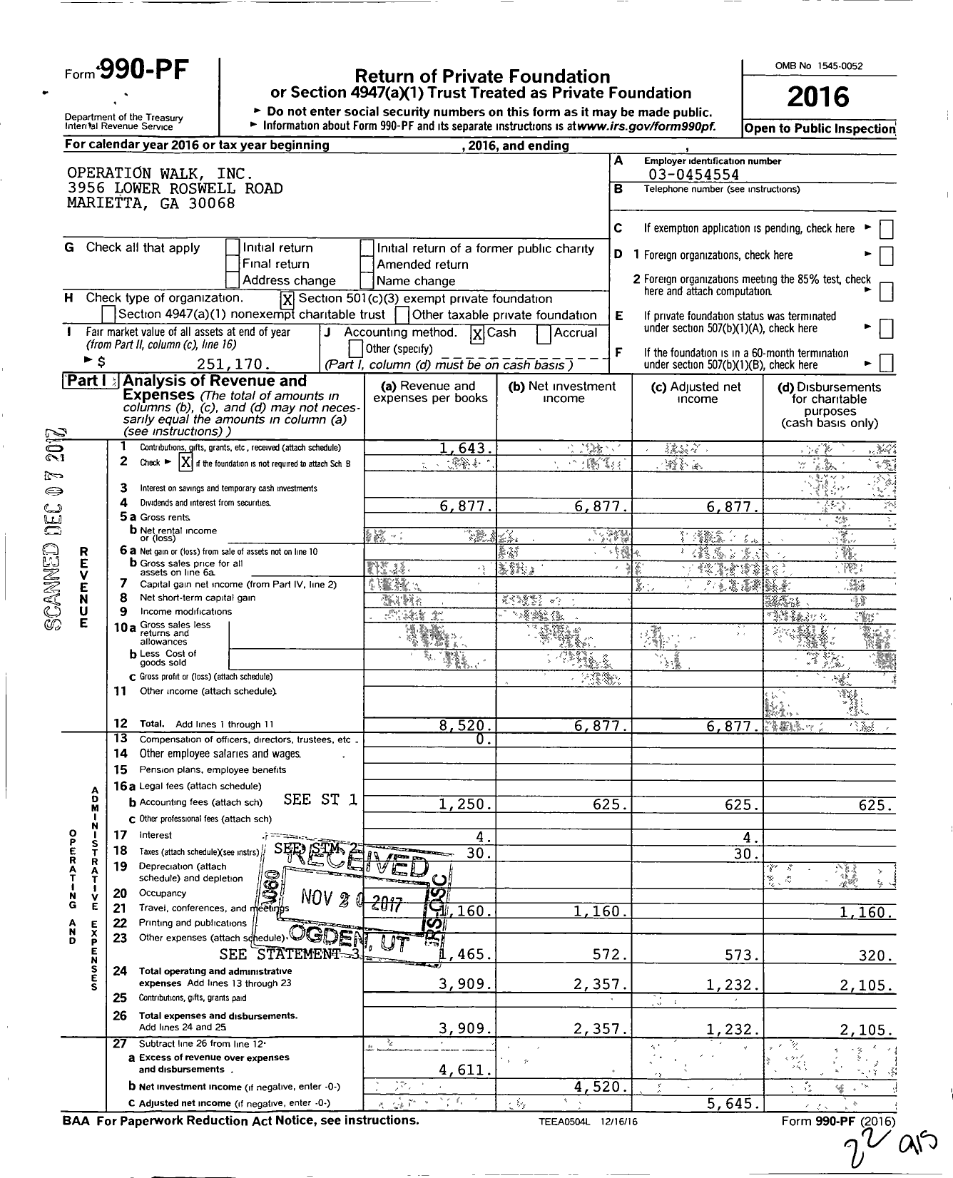 Image of first page of 2016 Form 990PF for Operation Walk