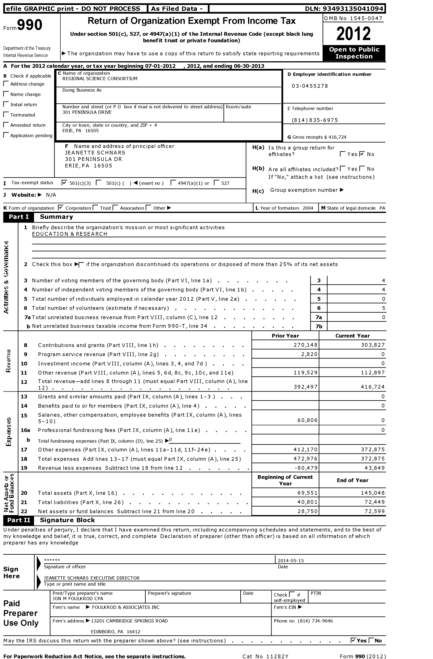 Image of first page of 2012 Form 990 for Regional Science Consortium at Presque Isle Center