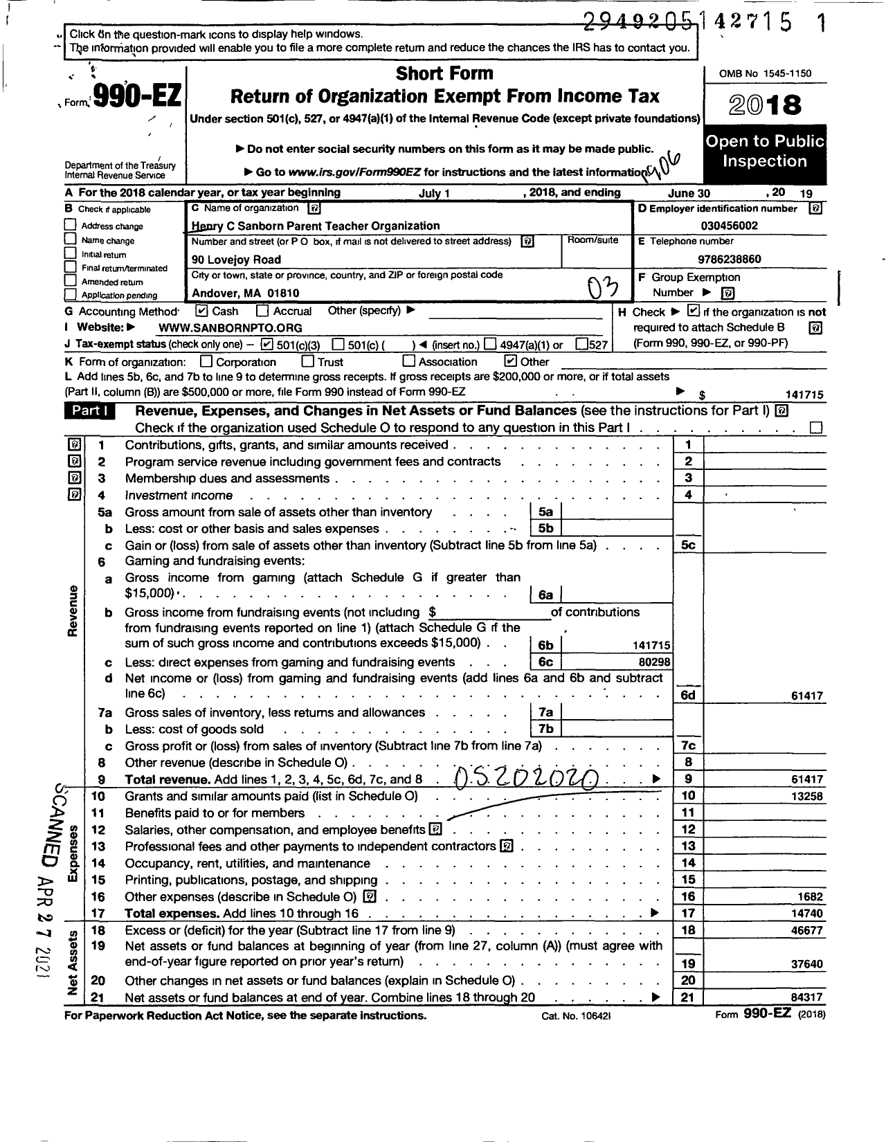 Image of first page of 2018 Form 990EZ for Henry C Sanborn Parent Teacher Organization