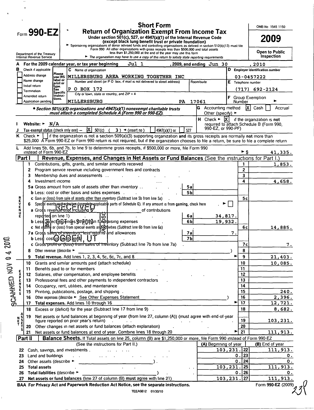 Image of first page of 2009 Form 990EZ for Millersburg Area Working Together