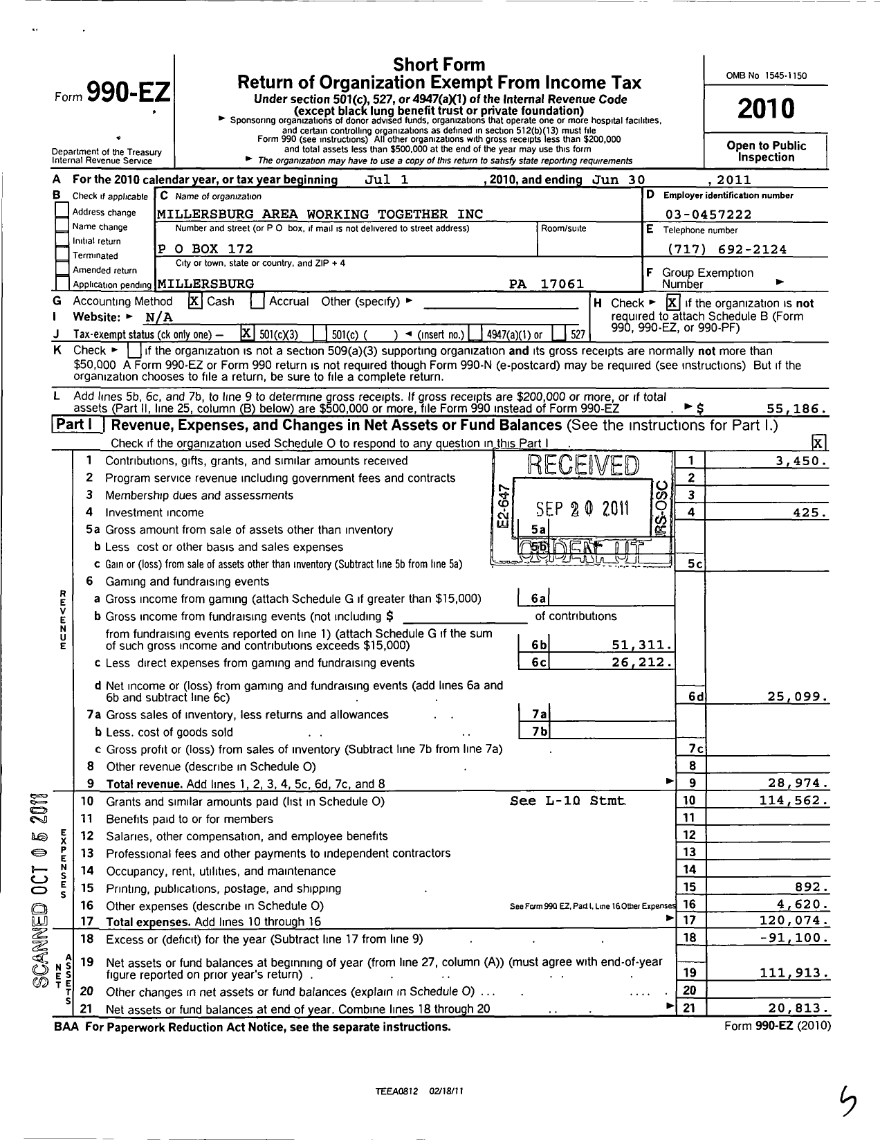 Image of first page of 2010 Form 990EZ for Millersburg Area Working Together