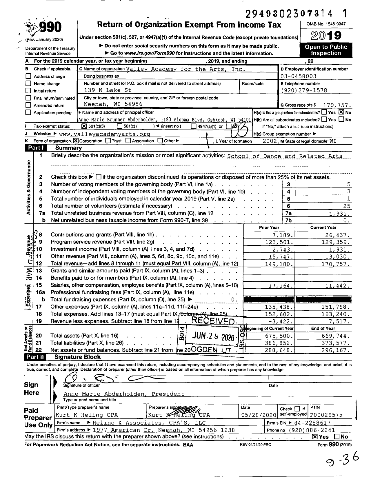 Image of first page of 2019 Form 990 for Valley Academy for the Arts