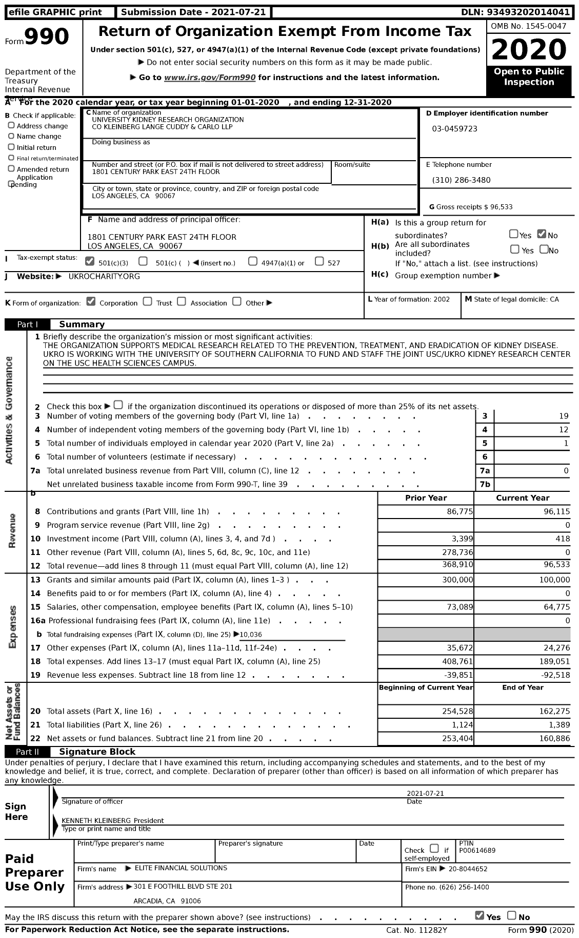 Image of first page of 2020 Form 990 for University Kidney Research Organization