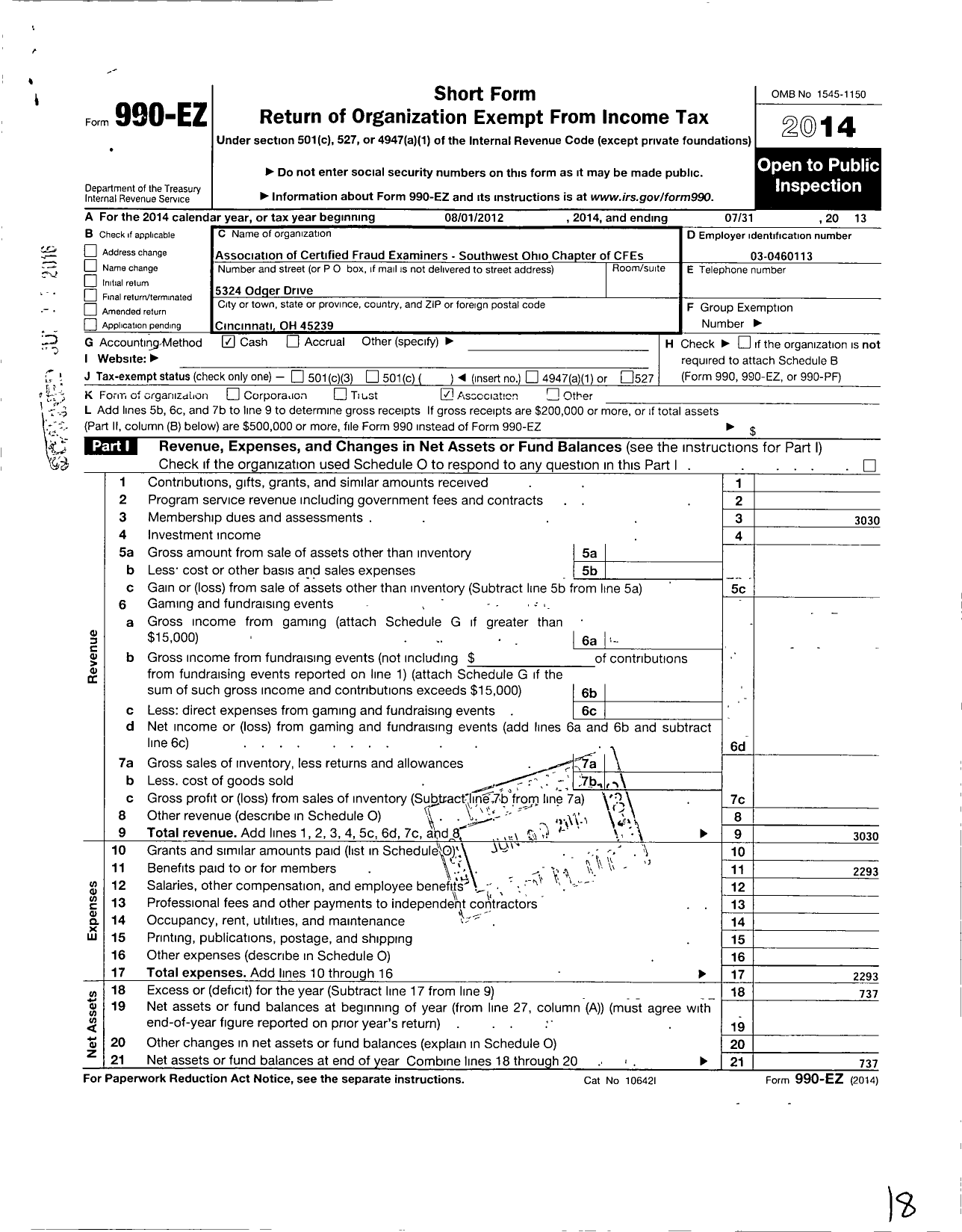 Image of first page of 2012 Form 990EO for SW Ohio Chapter-Association of Certified Fraud Examiners