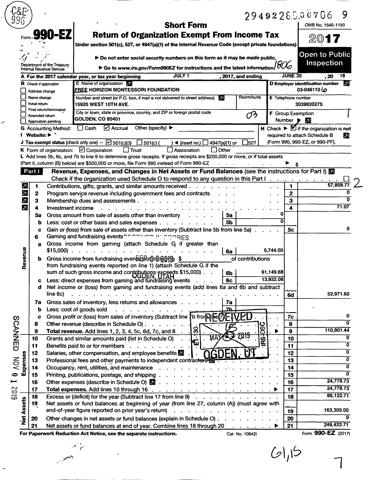 Image of first page of 2017 Form 990EZ for Free Horizon Montessori Foundation