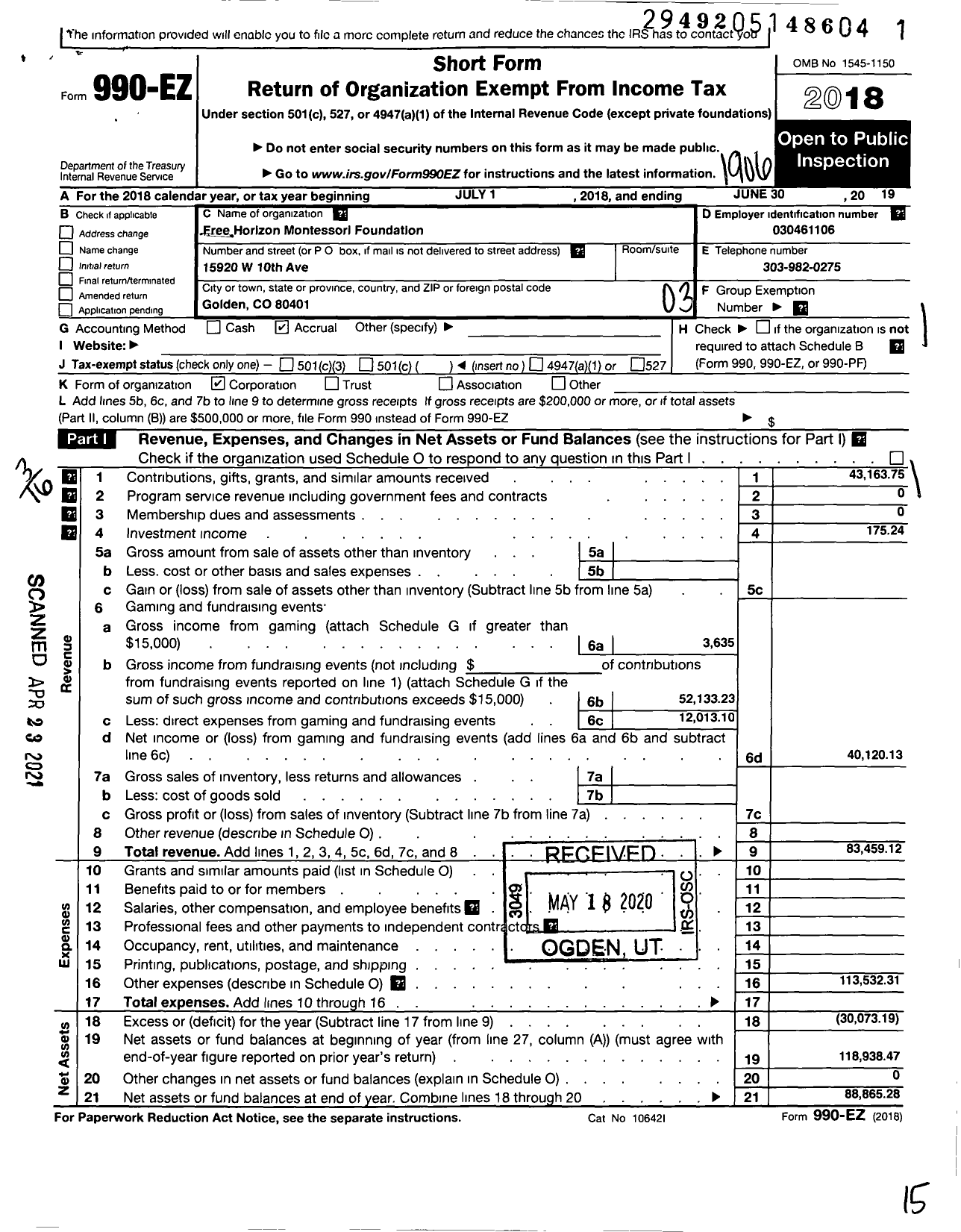 Image of first page of 2018 Form 990EZ for Free Horizon Montessori Foundation