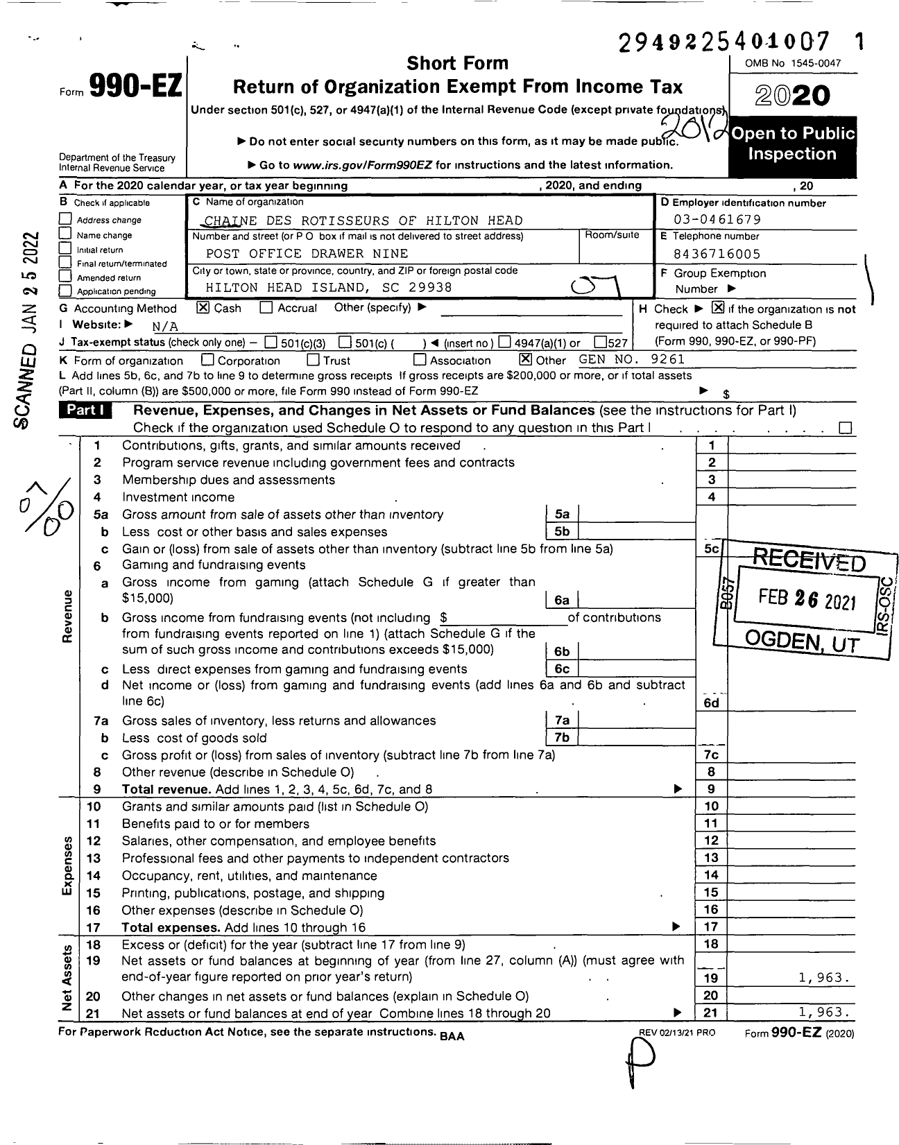 Image of first page of 2020 Form 990EO for Chaine Des Rotisseurs of Hilton Head