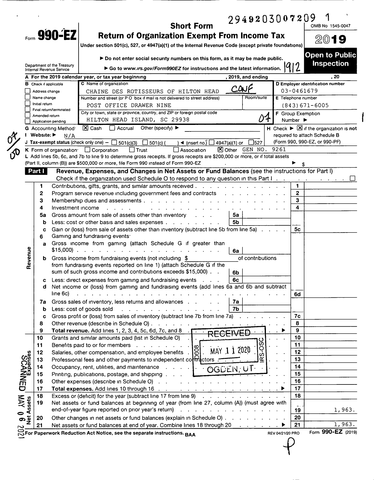 Image of first page of 2019 Form 990EO for Chaine Des Rotisseurs of Hilton Head