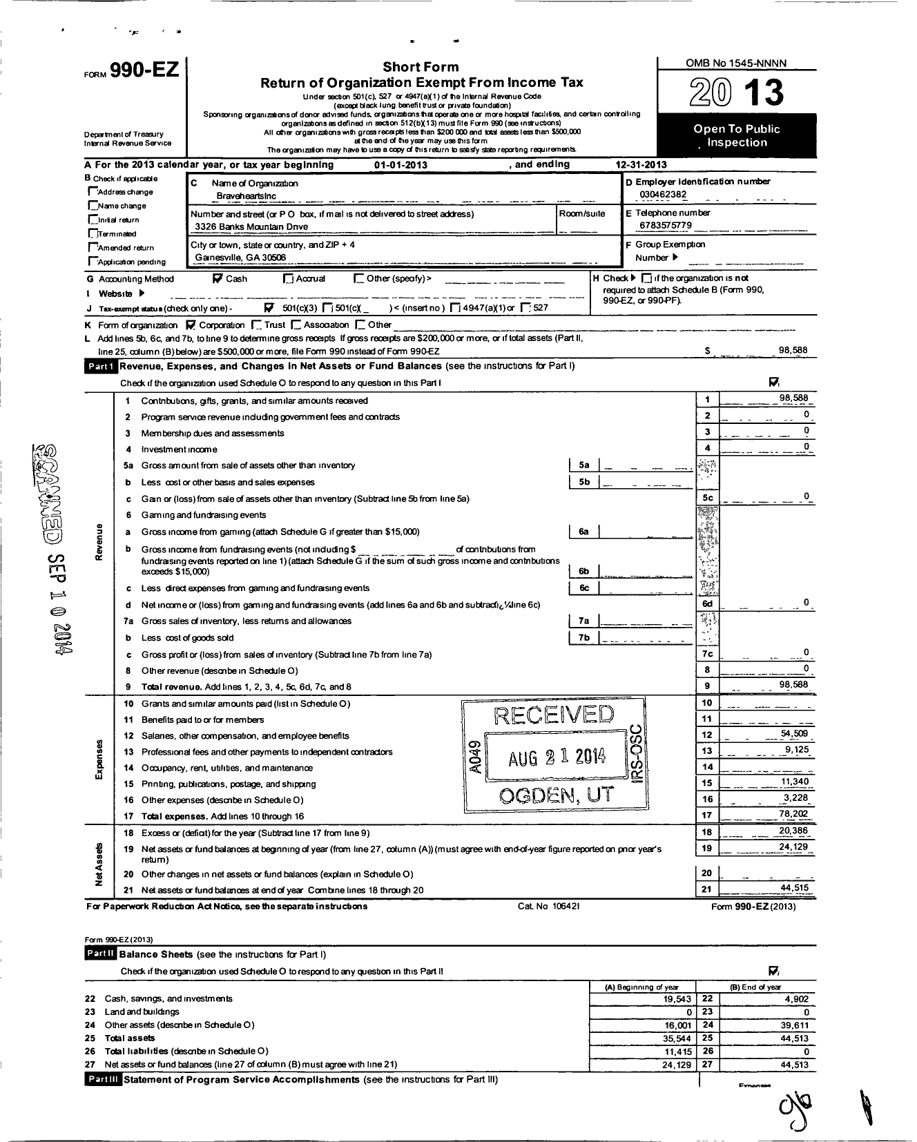 Image of first page of 2013 Form 990EZ for Bravehearts