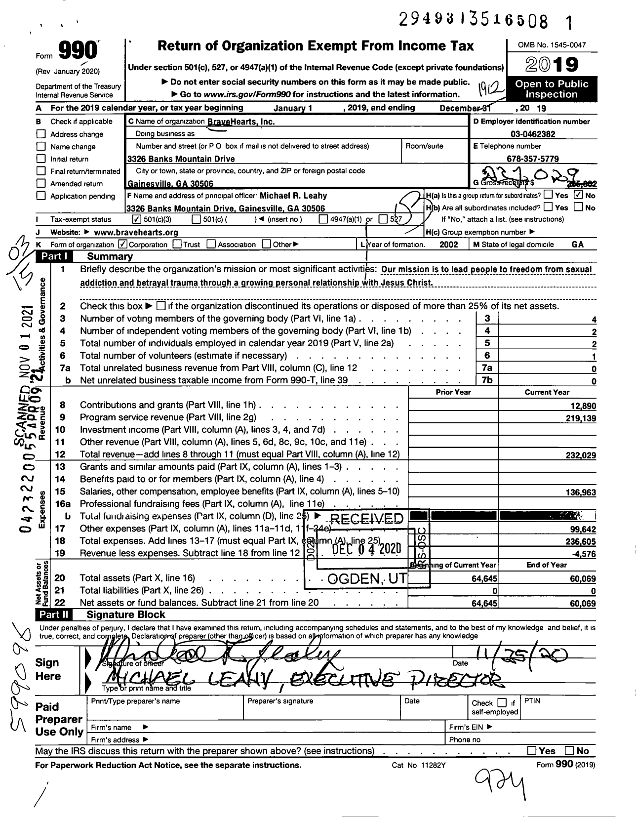 Image of first page of 2019 Form 990 for Bravehearts