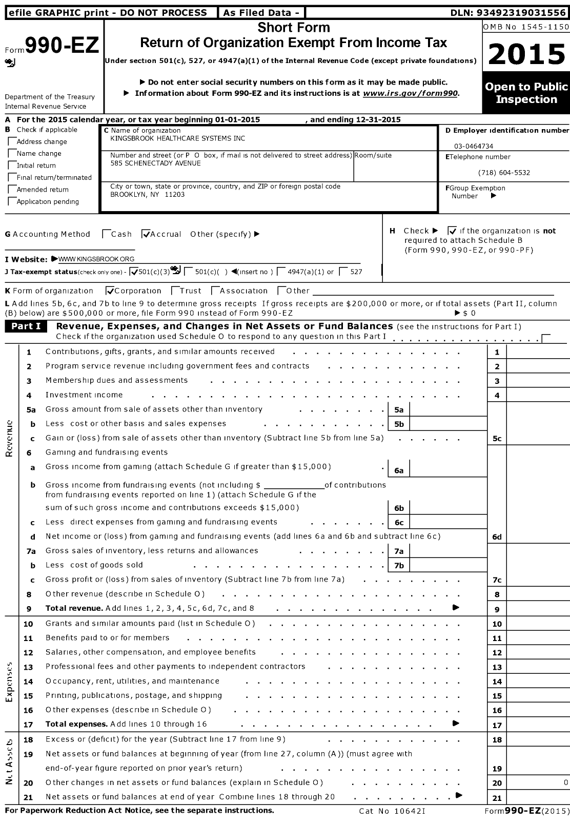 Image of first page of 2015 Form 990EZ for Kingsbrook Healthcare Systems
