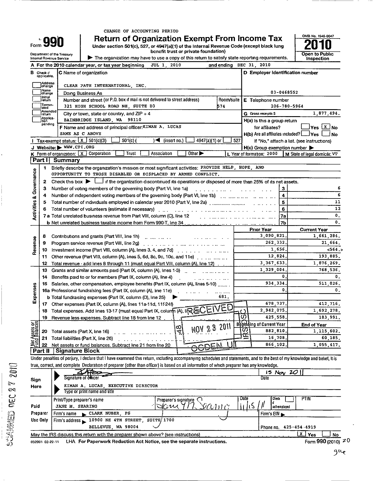 Image of first page of 2010 Form 990 for Clear Path International (CPI)