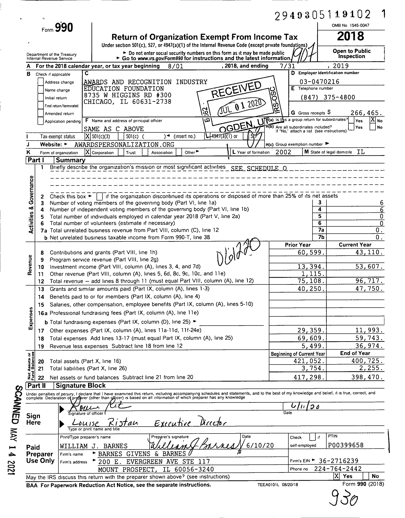 Image of first page of 2018 Form 990 for Awards and Recognition Industry Education Foundation