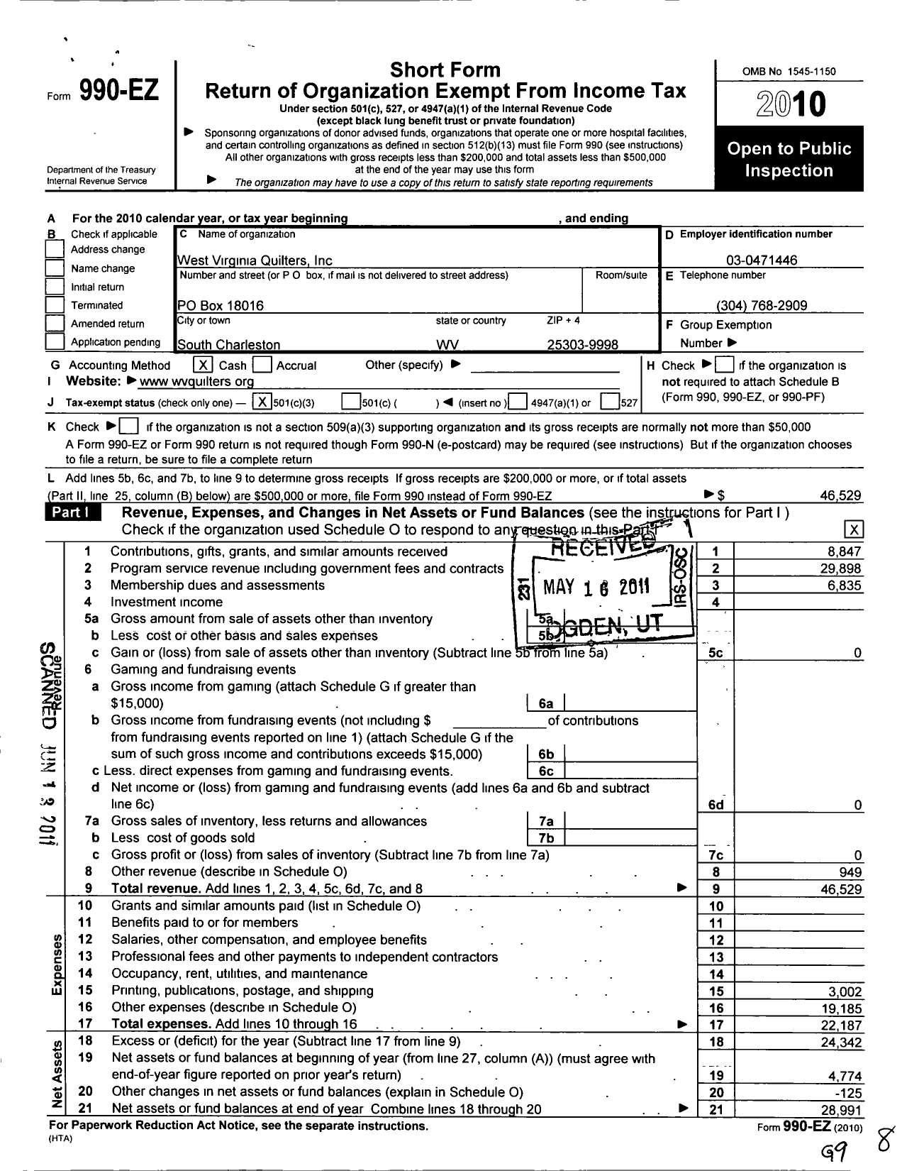 Image of first page of 2010 Form 990EZ for West Virginia Quilters