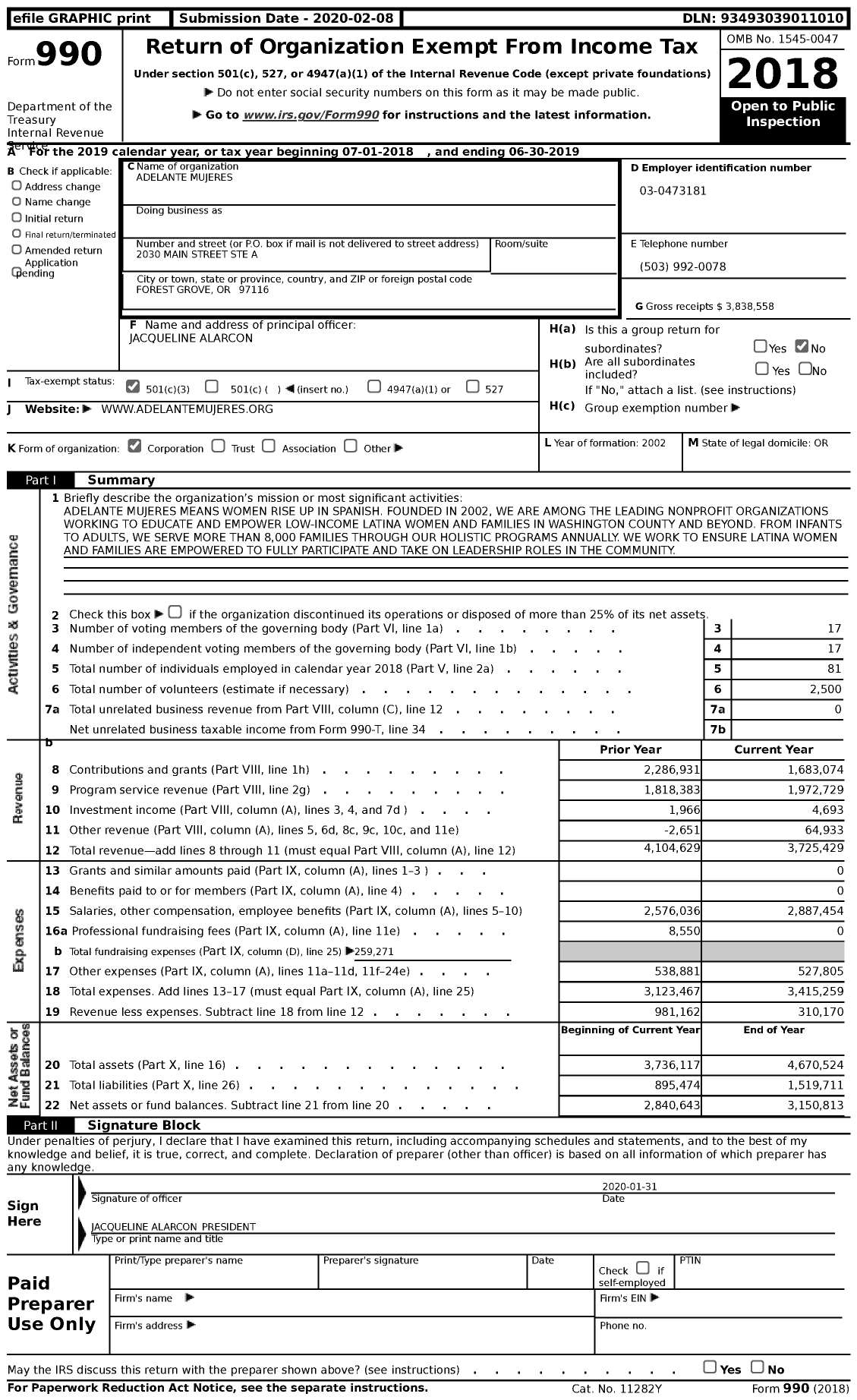 Image of first page of 2018 Form 990 for Adelante Mujeres