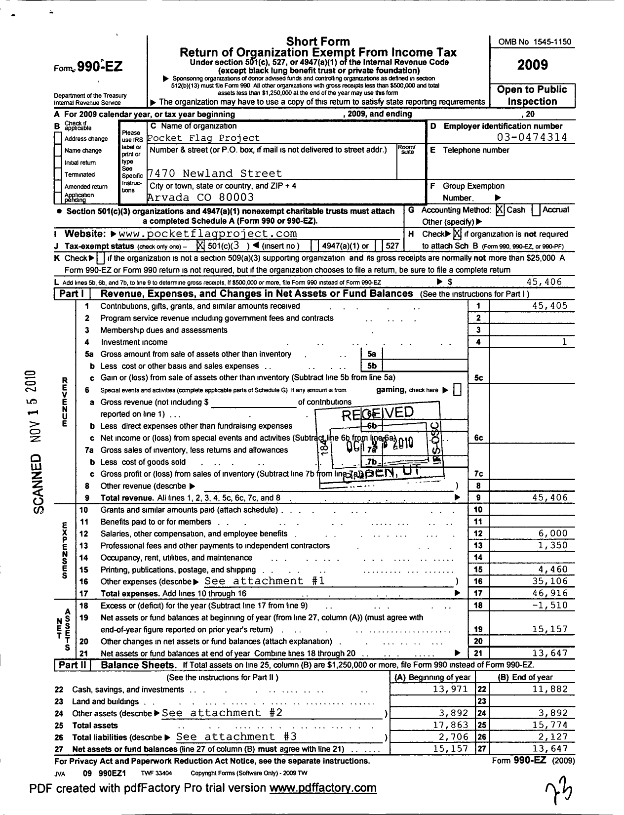 Image of first page of 2009 Form 990EZ for Pocket Flag Project