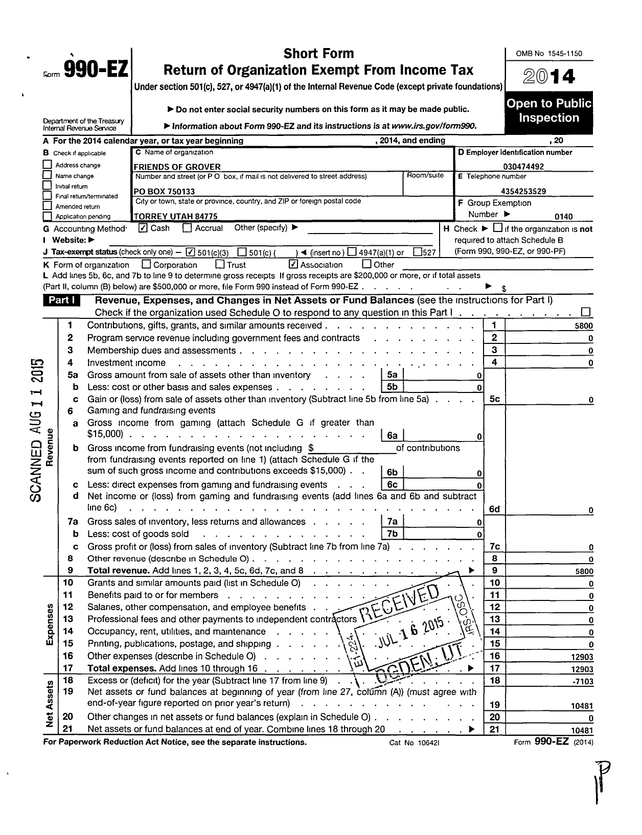 Image of first page of 2014 Form 990EZ for Friends of Grover