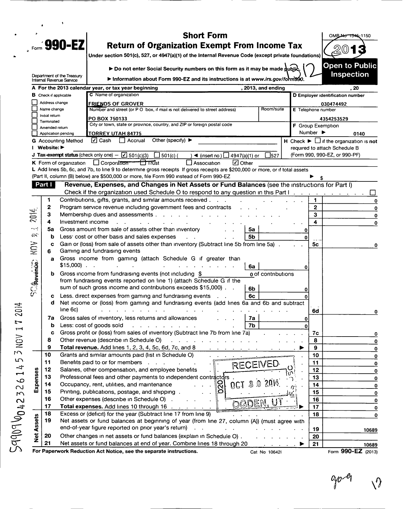 Image of first page of 2013 Form 990EZ for Friends of Grover