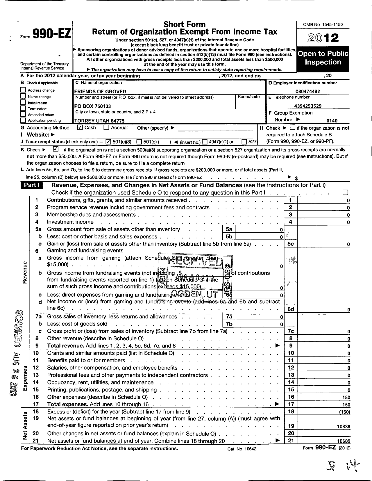 Image of first page of 2012 Form 990EZ for Friends of Grover