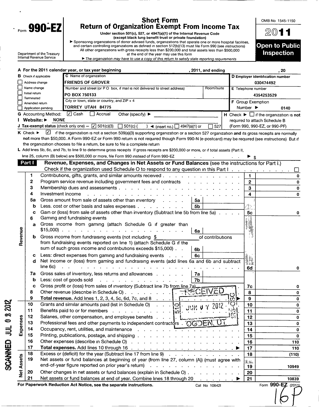 Image of first page of 2011 Form 990EZ for Friends of Grover