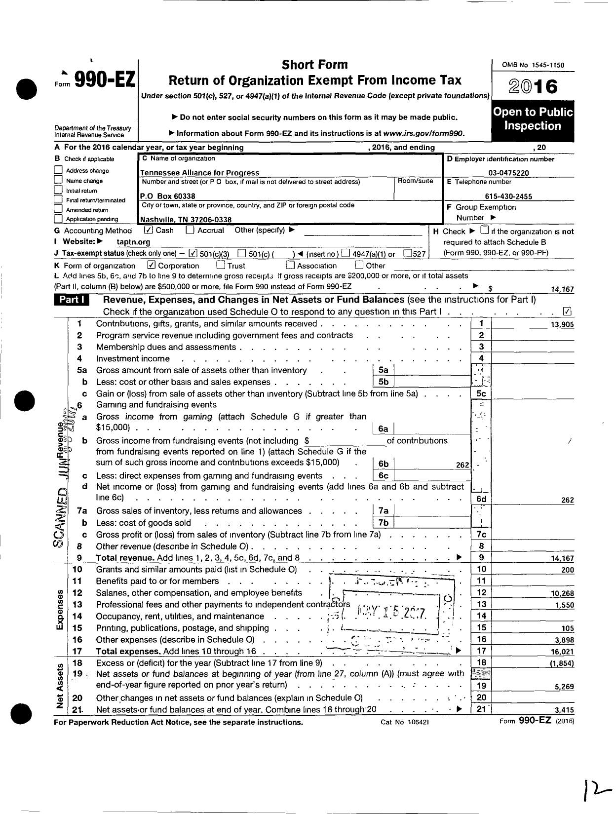 Image of first page of 2016 Form 990EZ for Tennessee Alliance for Progress