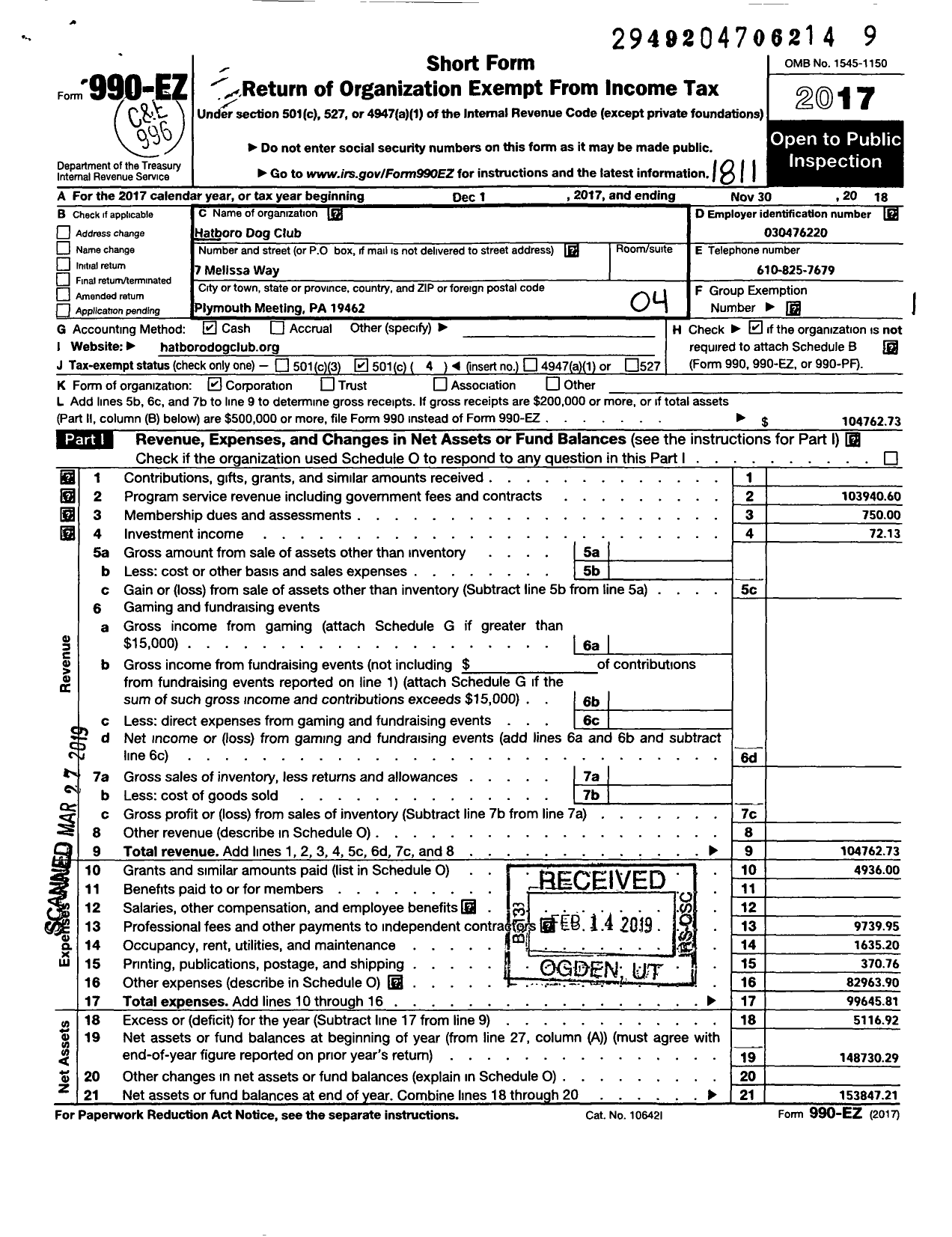 Image of first page of 2017 Form 990EO for Hatboro Dog Club