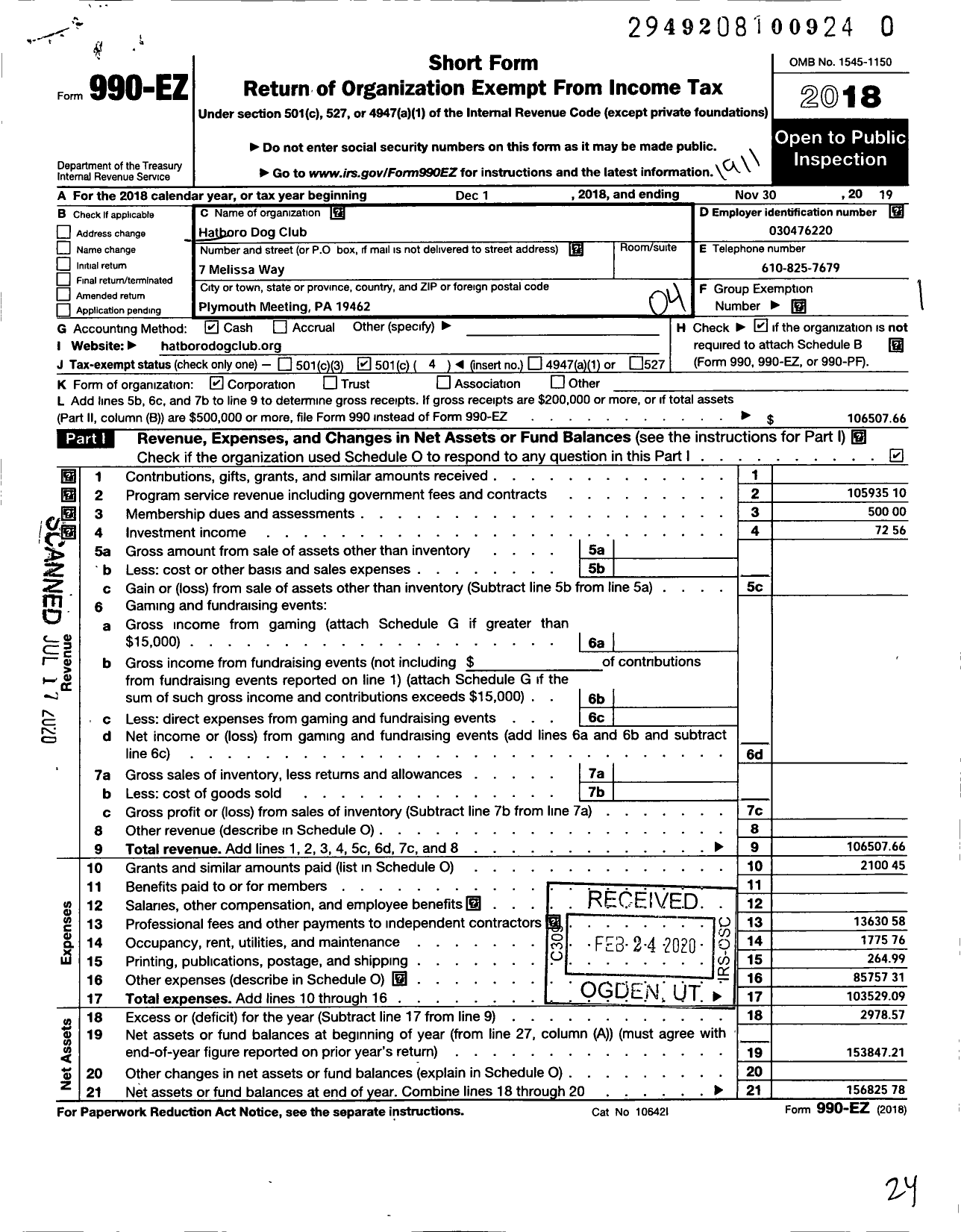 Image of first page of 2018 Form 990EO for Hatboro Dog Club