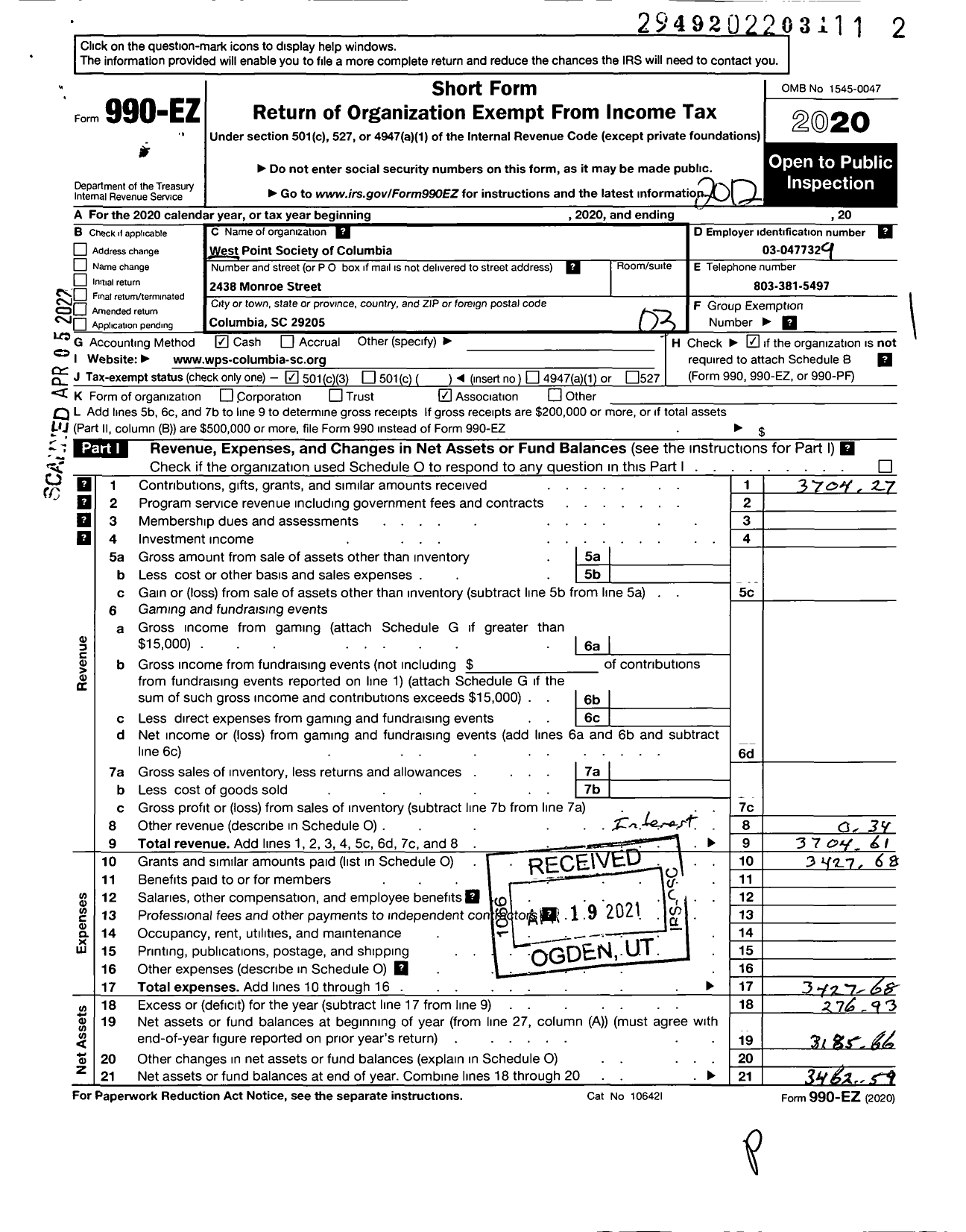 Image of first page of 2020 Form 990EZ for West point Society of Columbia