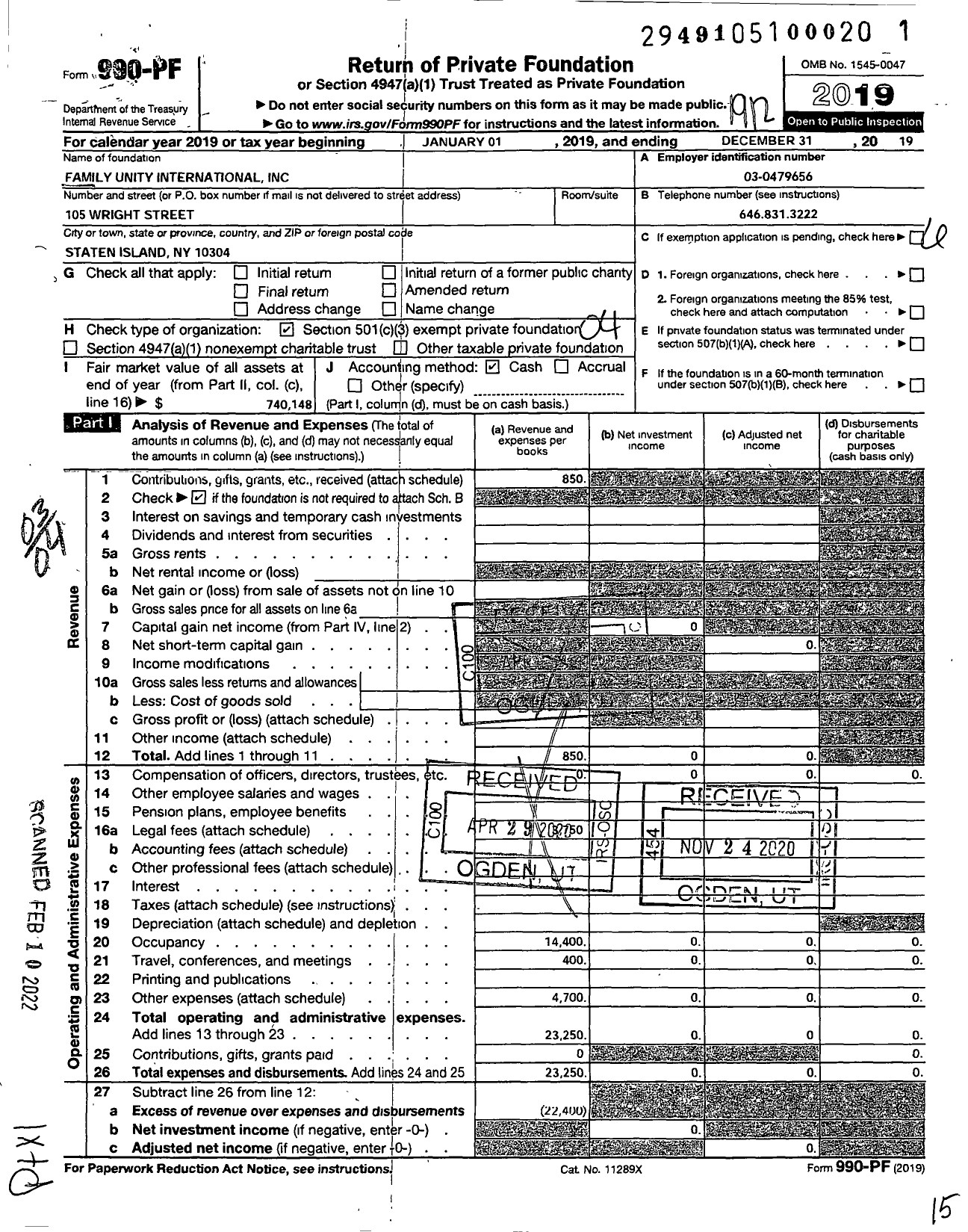 Image of first page of 2019 Form 990PF for Family Unity International