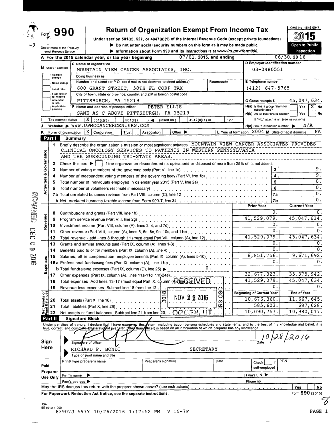 Image of first page of 2015 Form 990 for Mountain View Cancer Associates