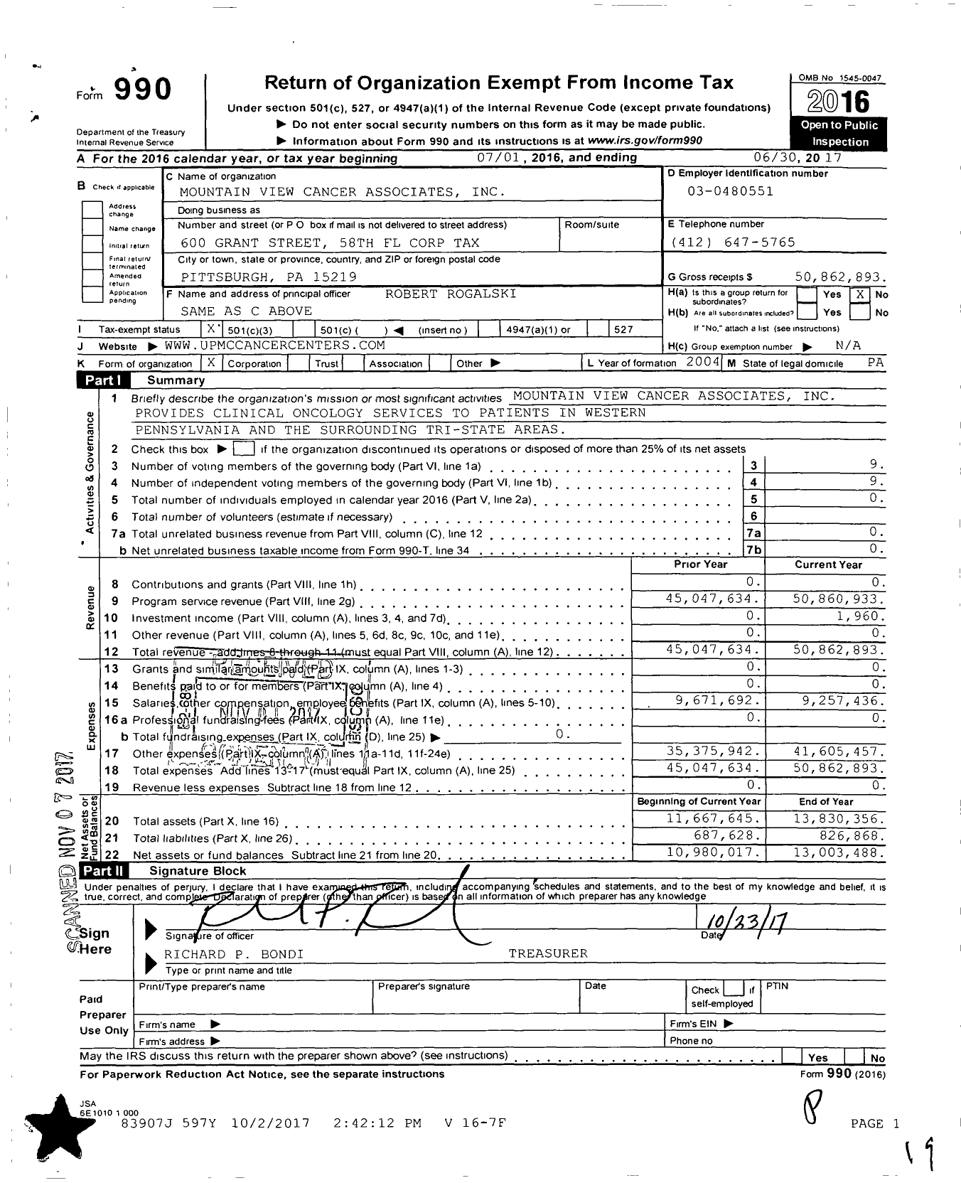 Image of first page of 2016 Form 990 for Mountain View Cancer Associates