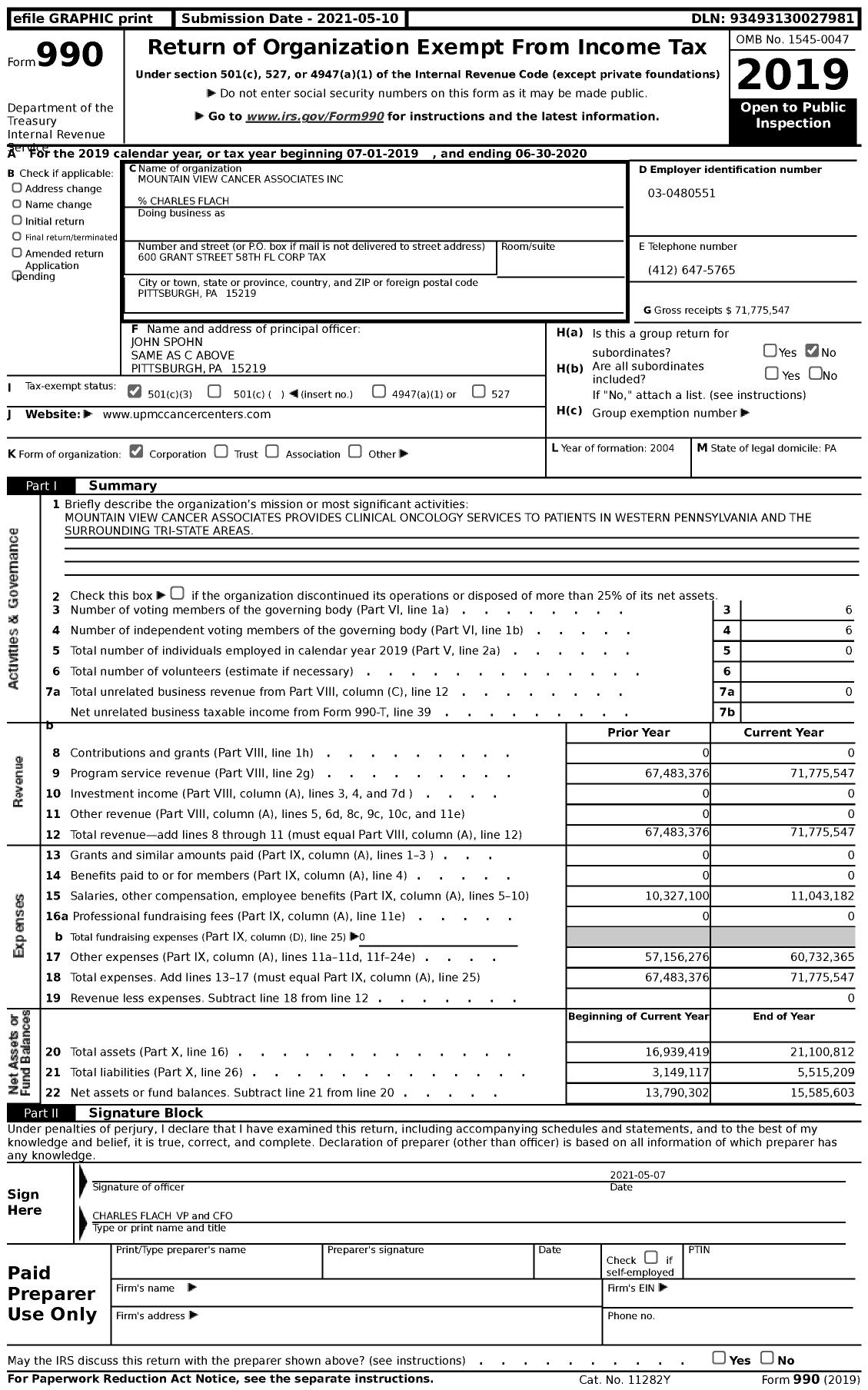 Image of first page of 2019 Form 990 for Mountain View Cancer Associates