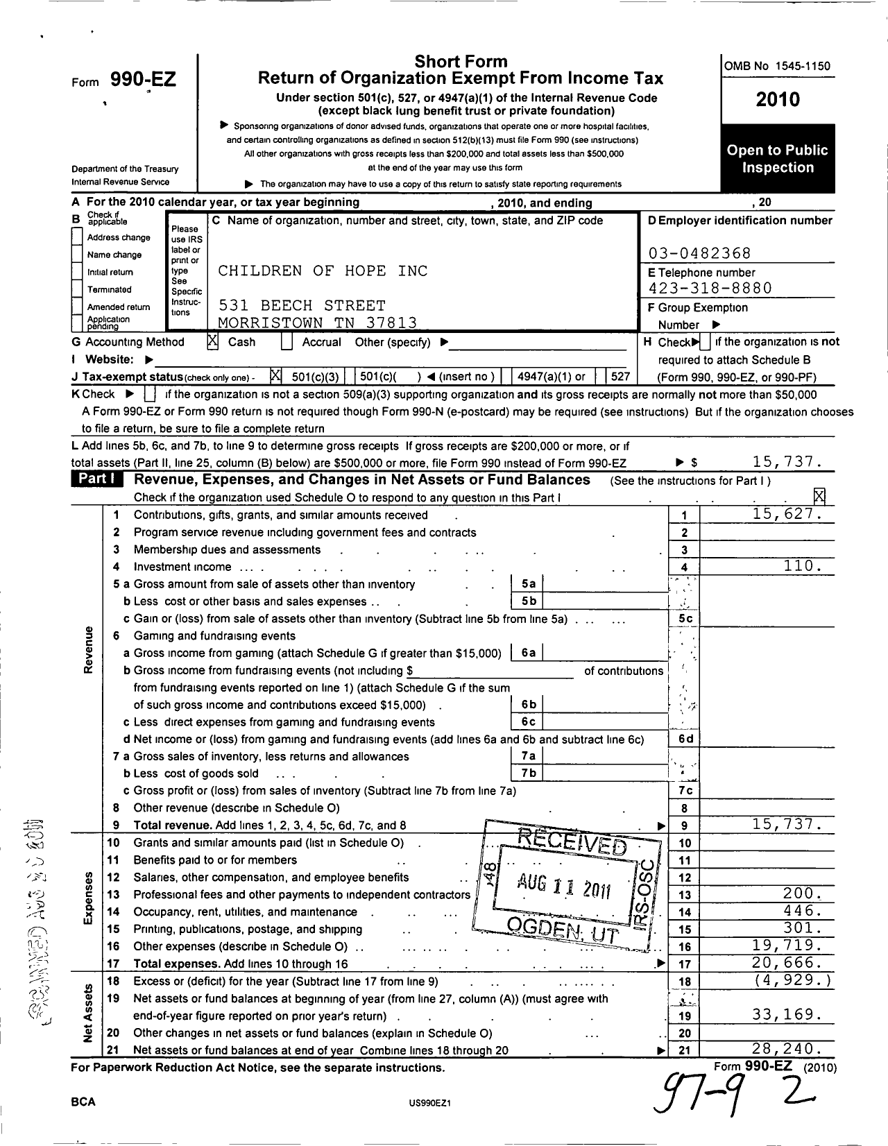 Image of first page of 2010 Form 990EZ for Children of Hope