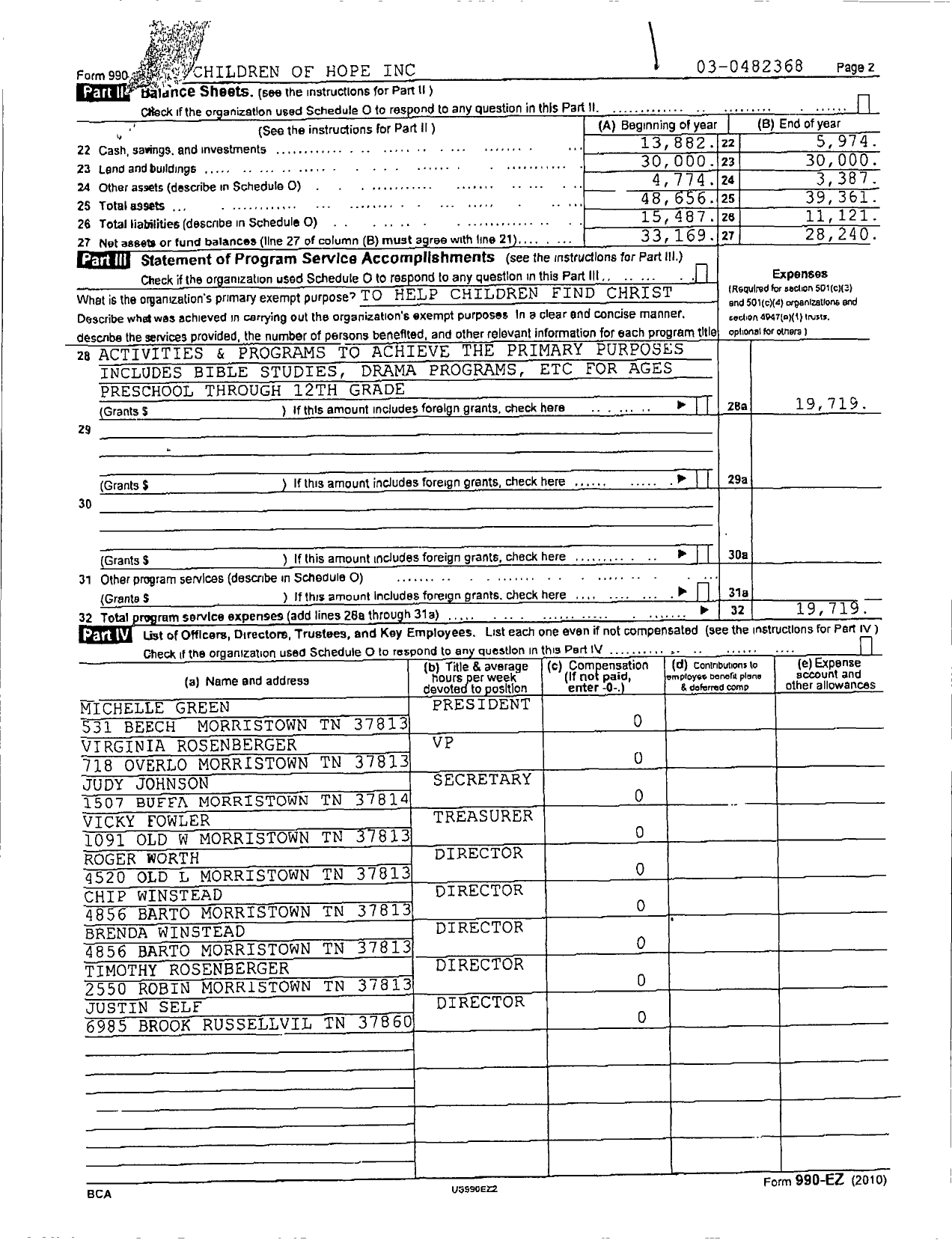 Image of first page of 2010 Form 990ER for Children of Hope