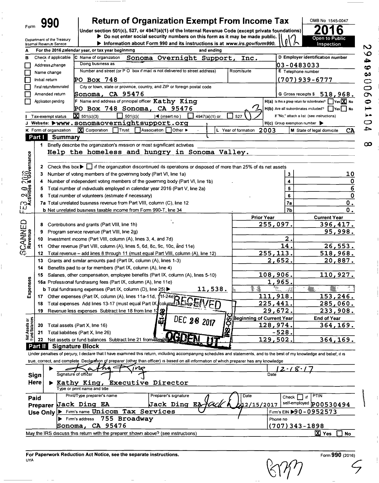 Image of first page of 2016 Form 990 for Sonoma Overnight Support