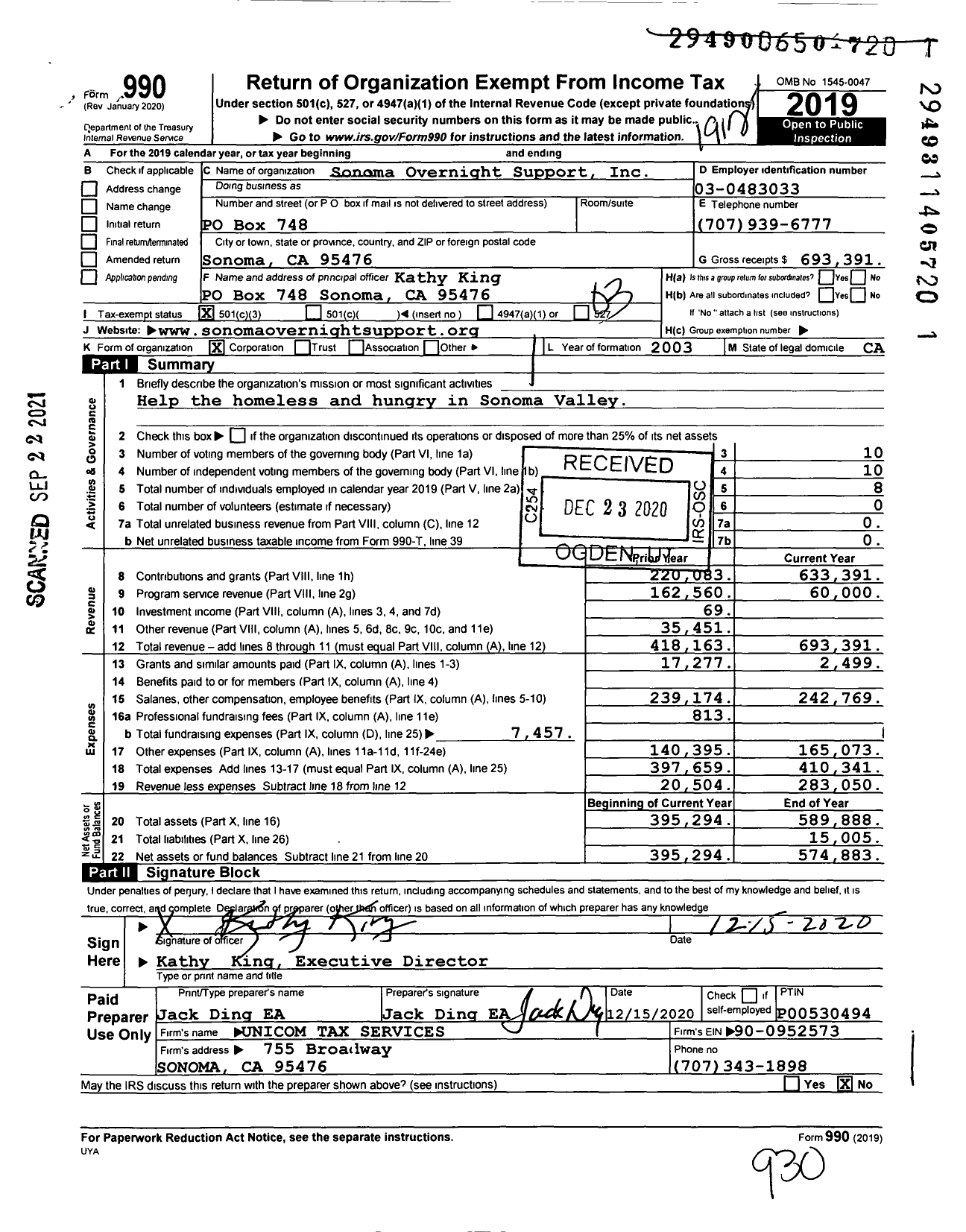 Image of first page of 2019 Form 990 for Sonoma Overnight Support