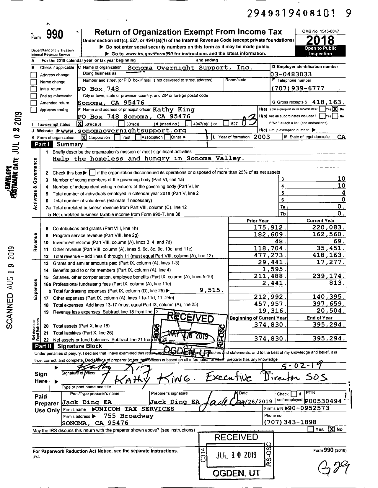 Image of first page of 2018 Form 990 for Sonoma Overnight Support