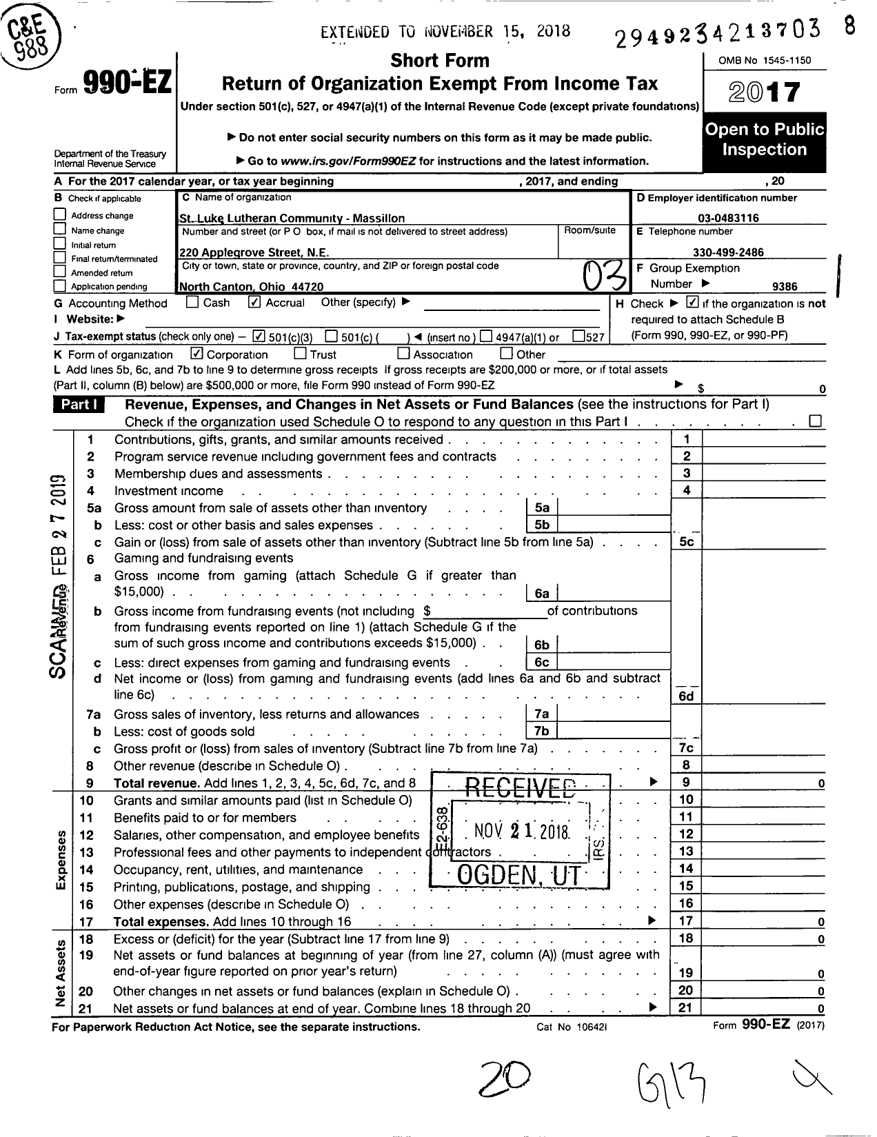 Image of first page of 2017 Form 990EZ for St Luke Lutheran Community - Community-Massillon