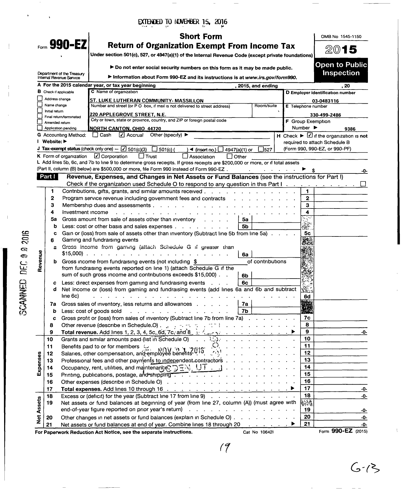 Image of first page of 2015 Form 990EZ for St Luke Lutheran Community - Community-Massillon