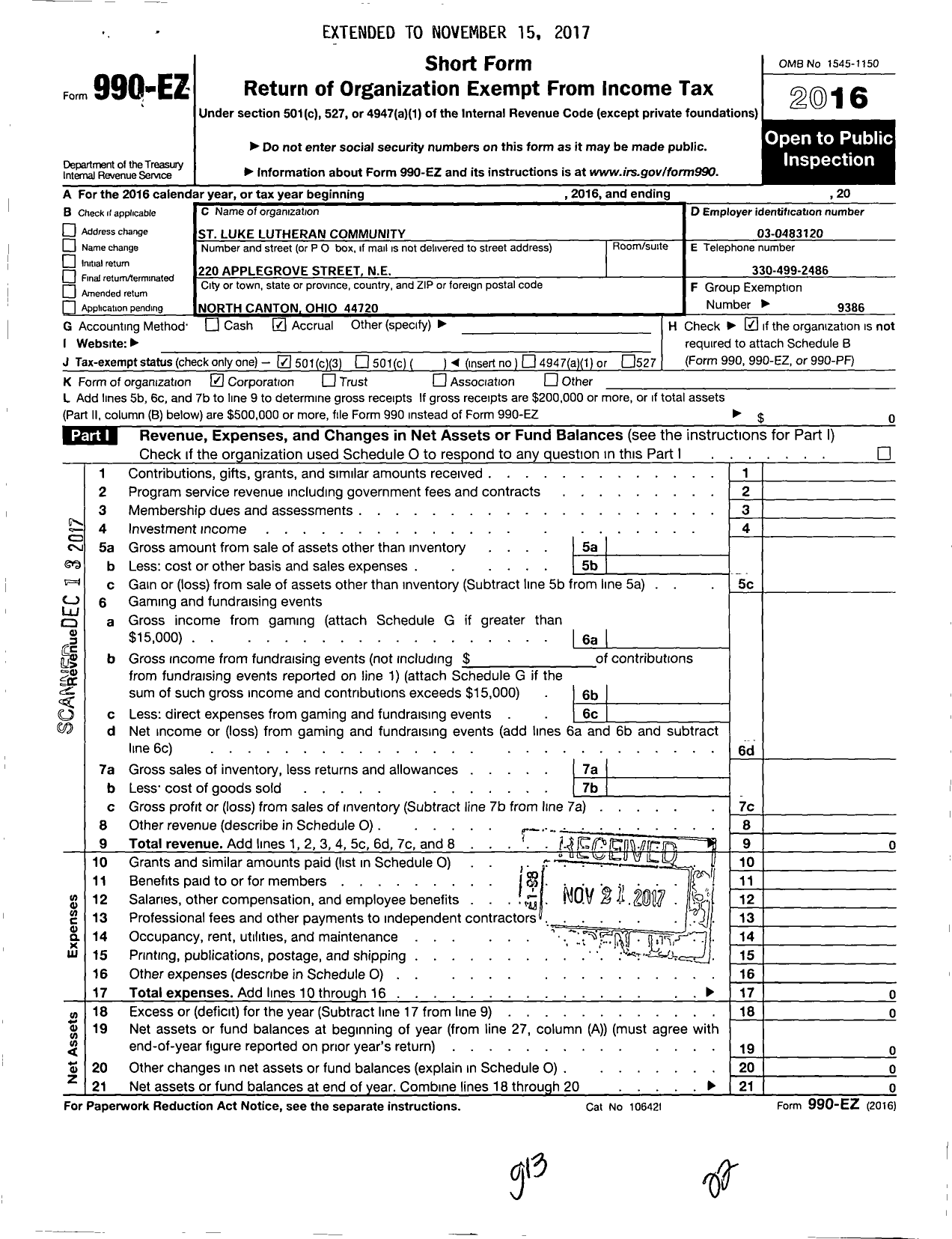 Image of first page of 2016 Form 990EZ for St Luke Lutheran Community