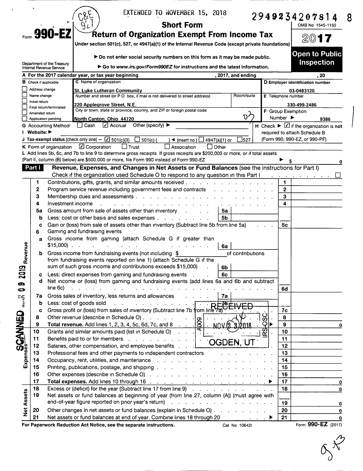 Image of first page of 2017 Form 990EZ for St Luke Lutheran Community