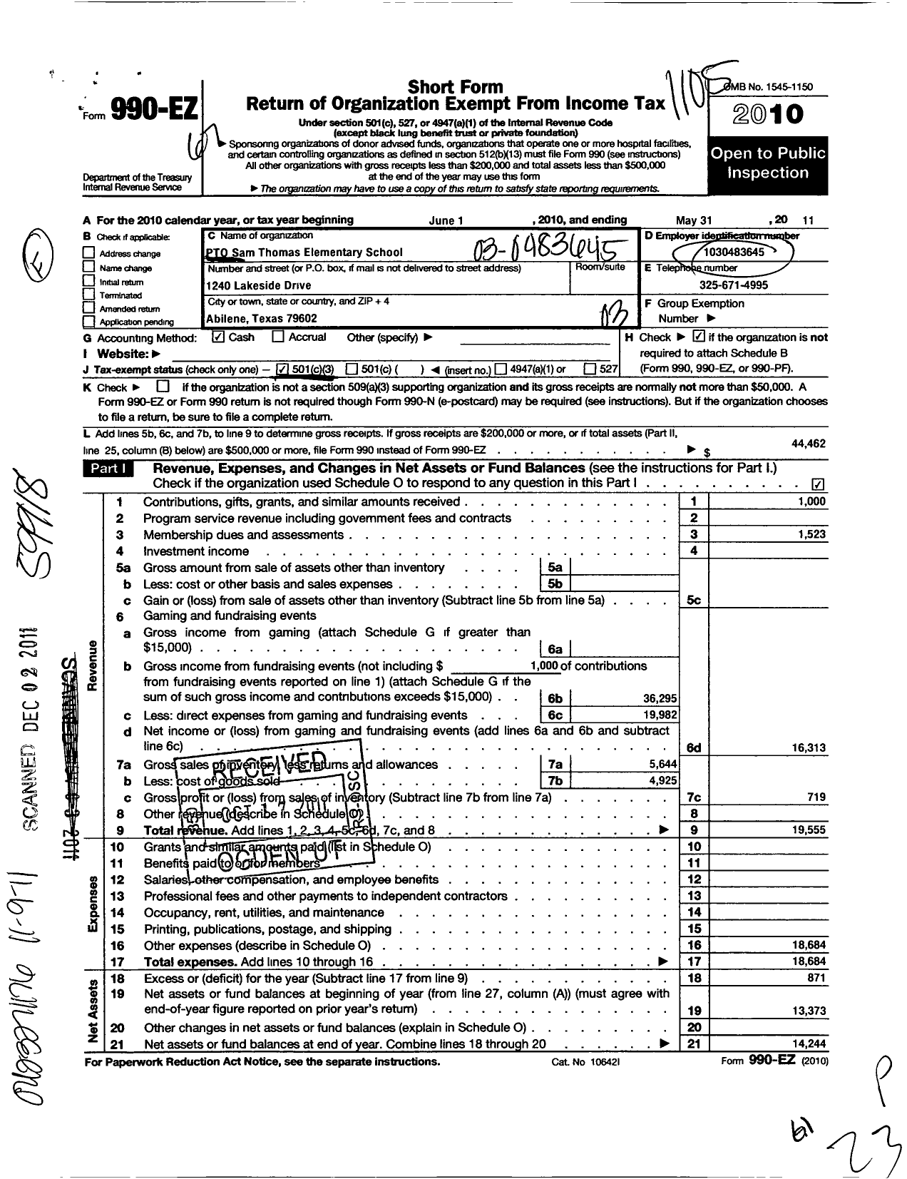 Image of first page of 2010 Form 990EZ for Pto Sam Thomas Elementary School