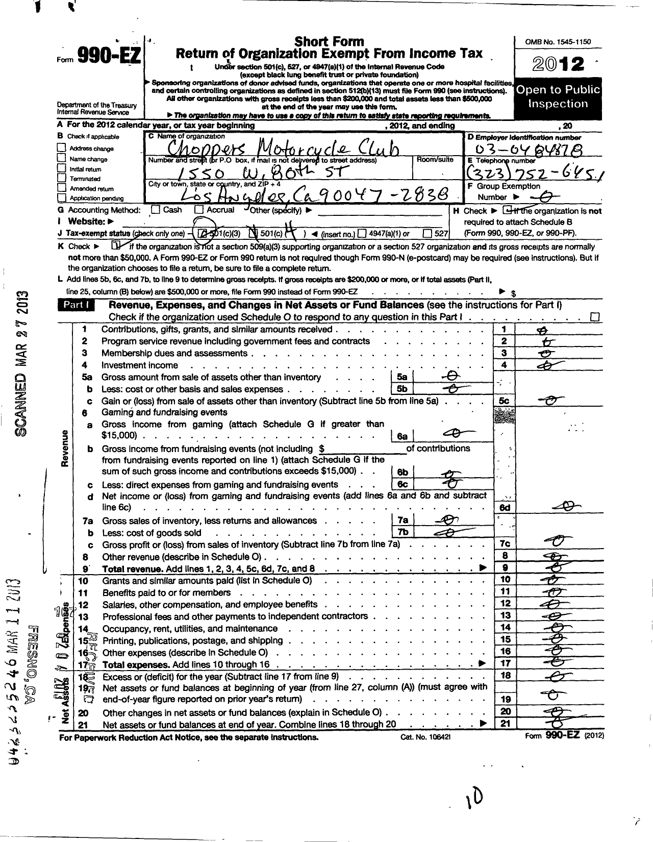 Image of first page of 2012 Form 990EO for Choppers Motorcycle Club - California