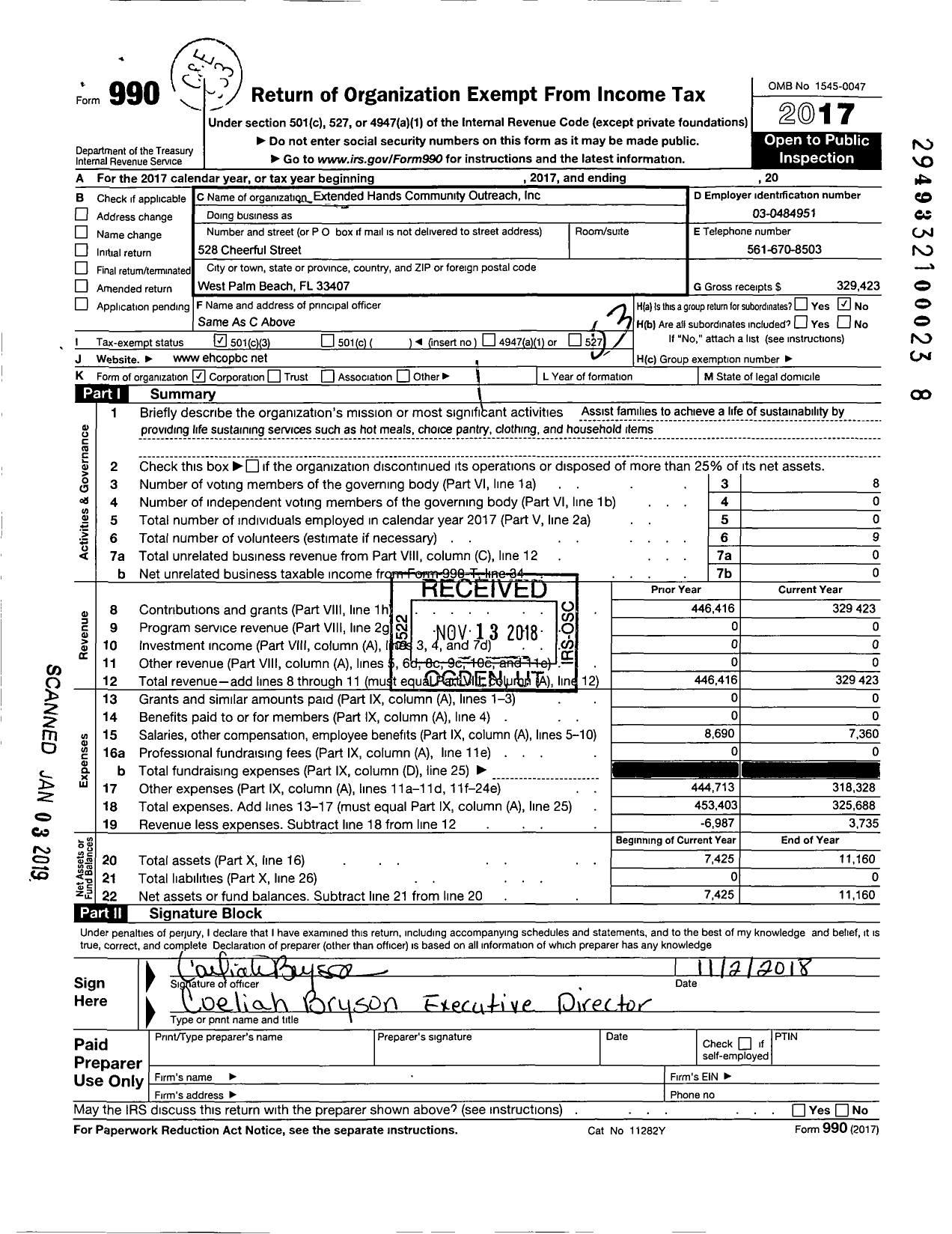 Image of first page of 2017 Form 990 for Extended Hands Community Outreach