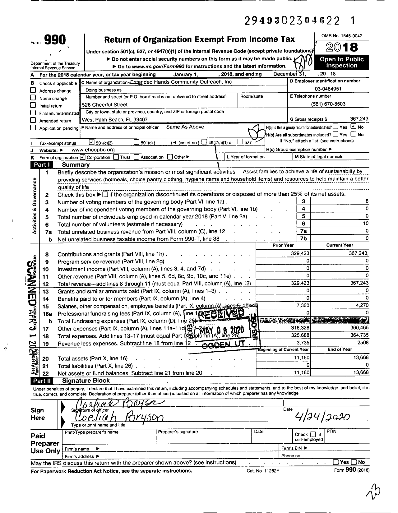 Image of first page of 2018 Form 990 for Extended Hands Community Outreach