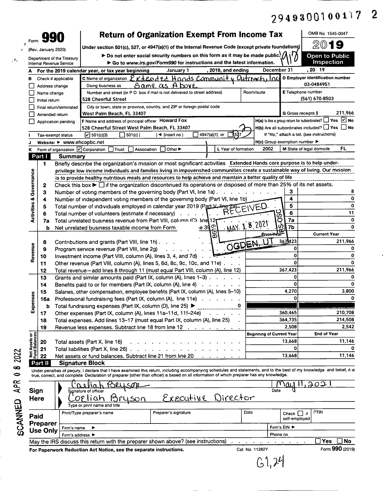 Image of first page of 2019 Form 990 for Extended Hands Community Outreach