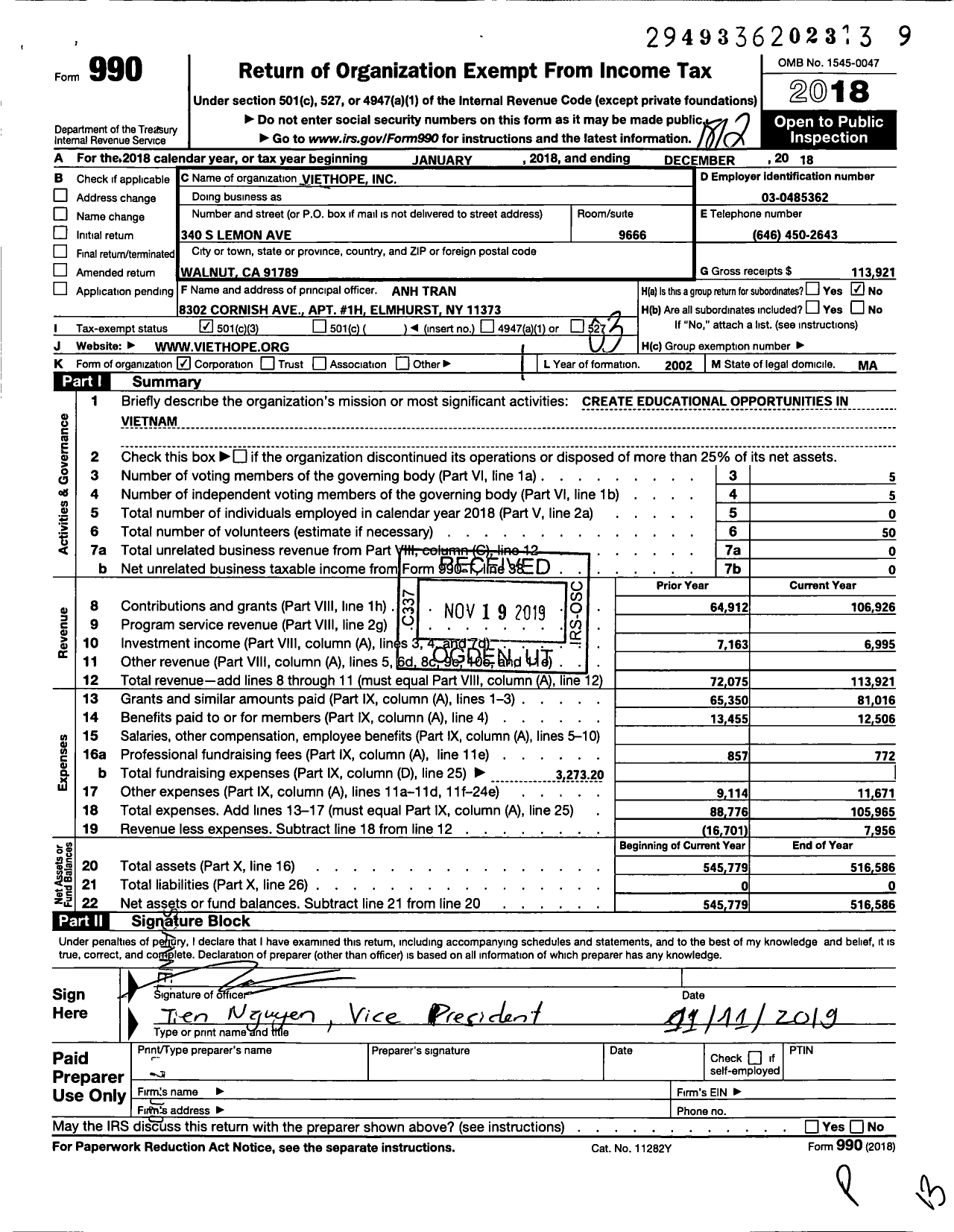Image of first page of 2018 Form 990 for Viethope